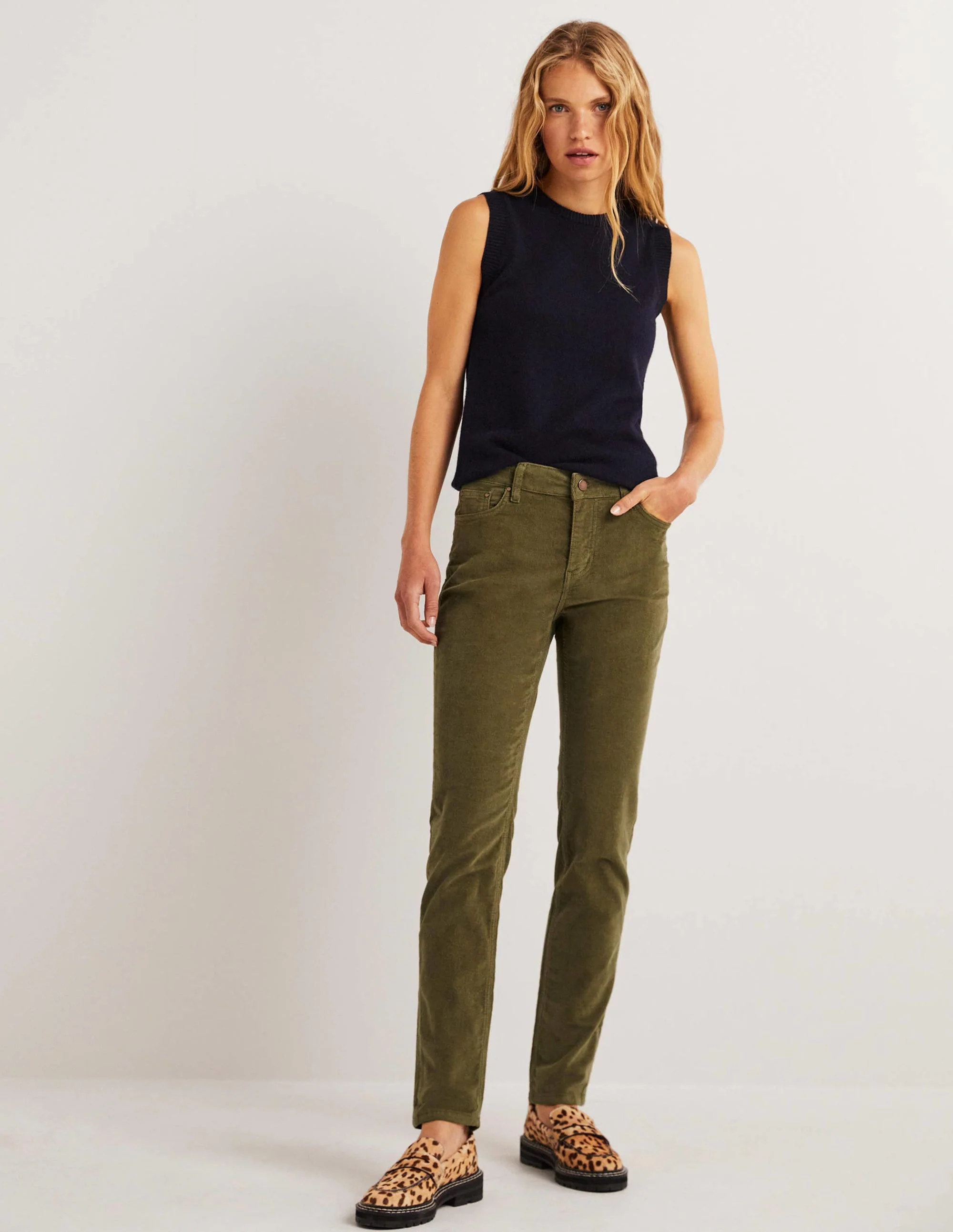 Corduroy Slim Straight Jeans-Kale