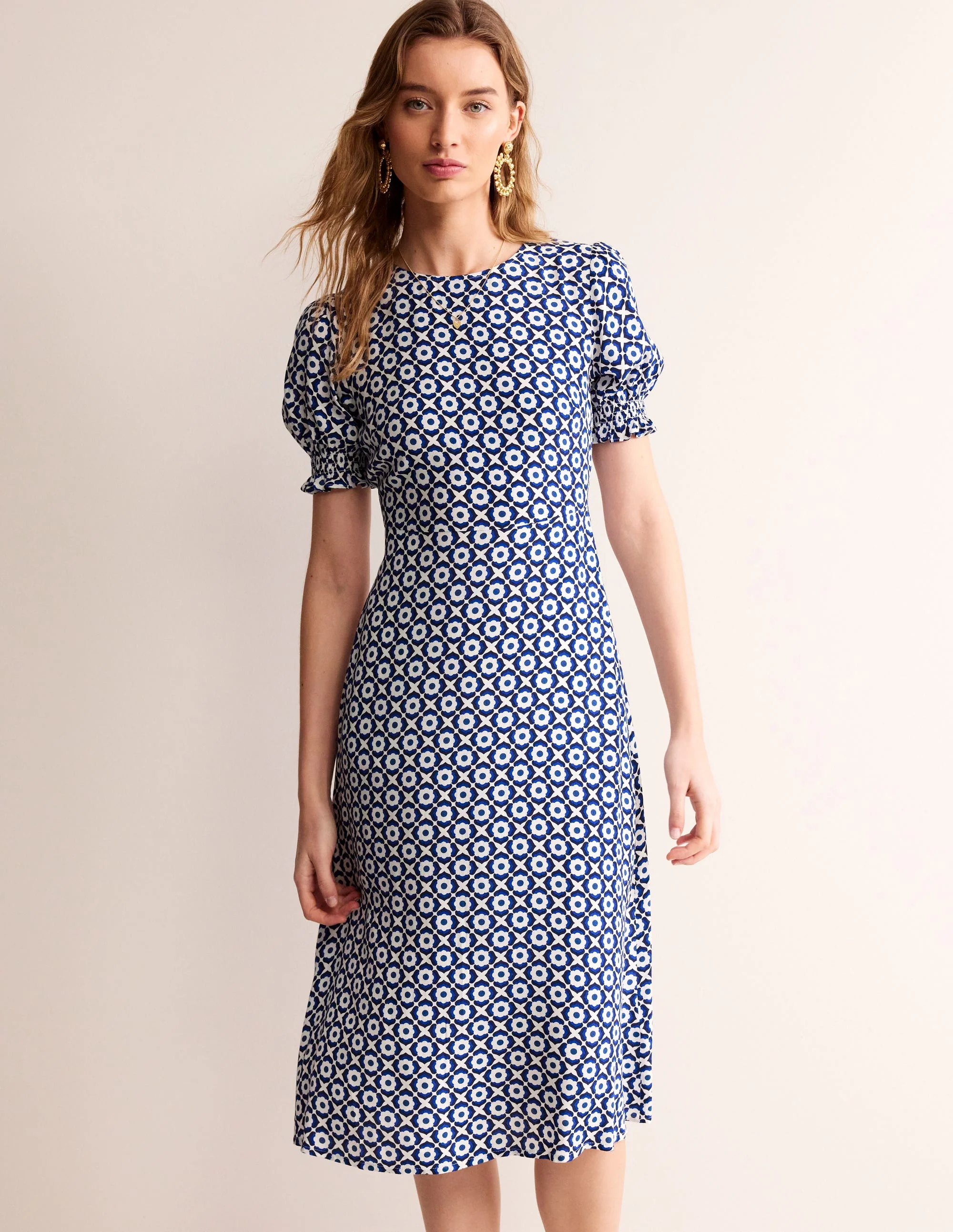 Corinne Midi Tea Dress-French Navy, Geo Pome - Image 4