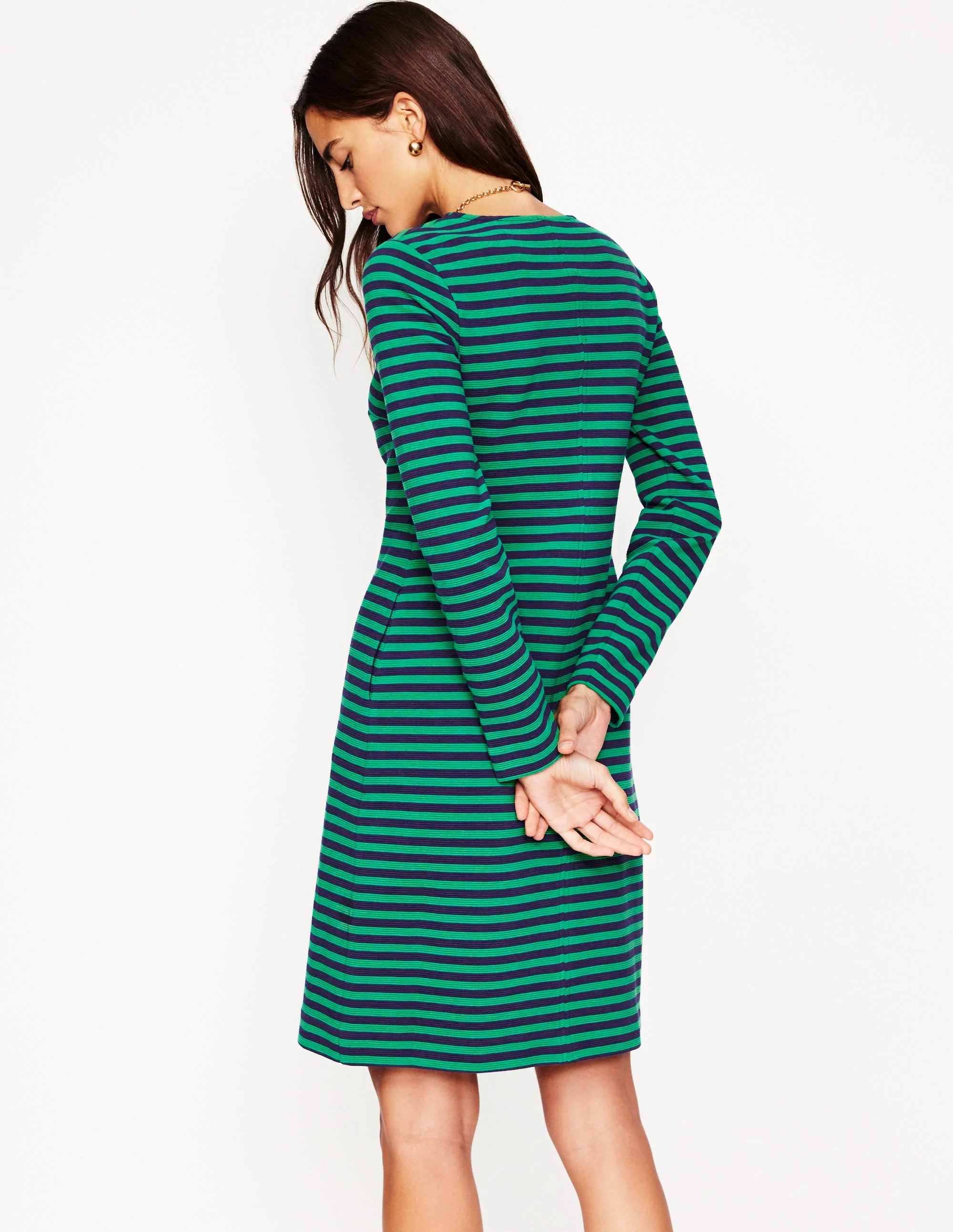 Cornelia Ottoman Dress-Rich Emerald, Navy Stripe - Image 3