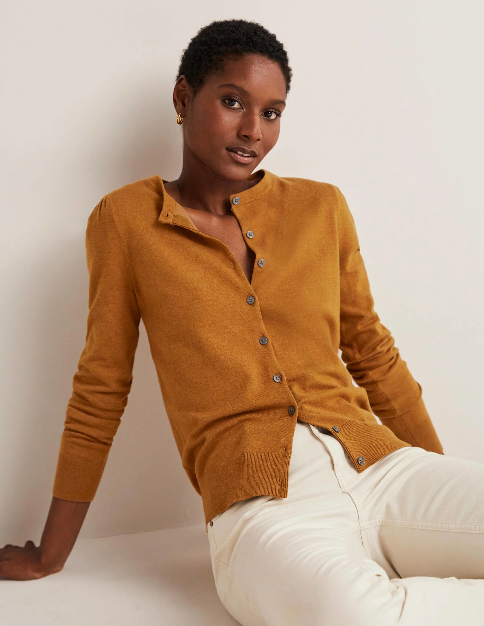 Cotton Crew Neck Cardigan-Butterscotch Brown Melange - Image 8