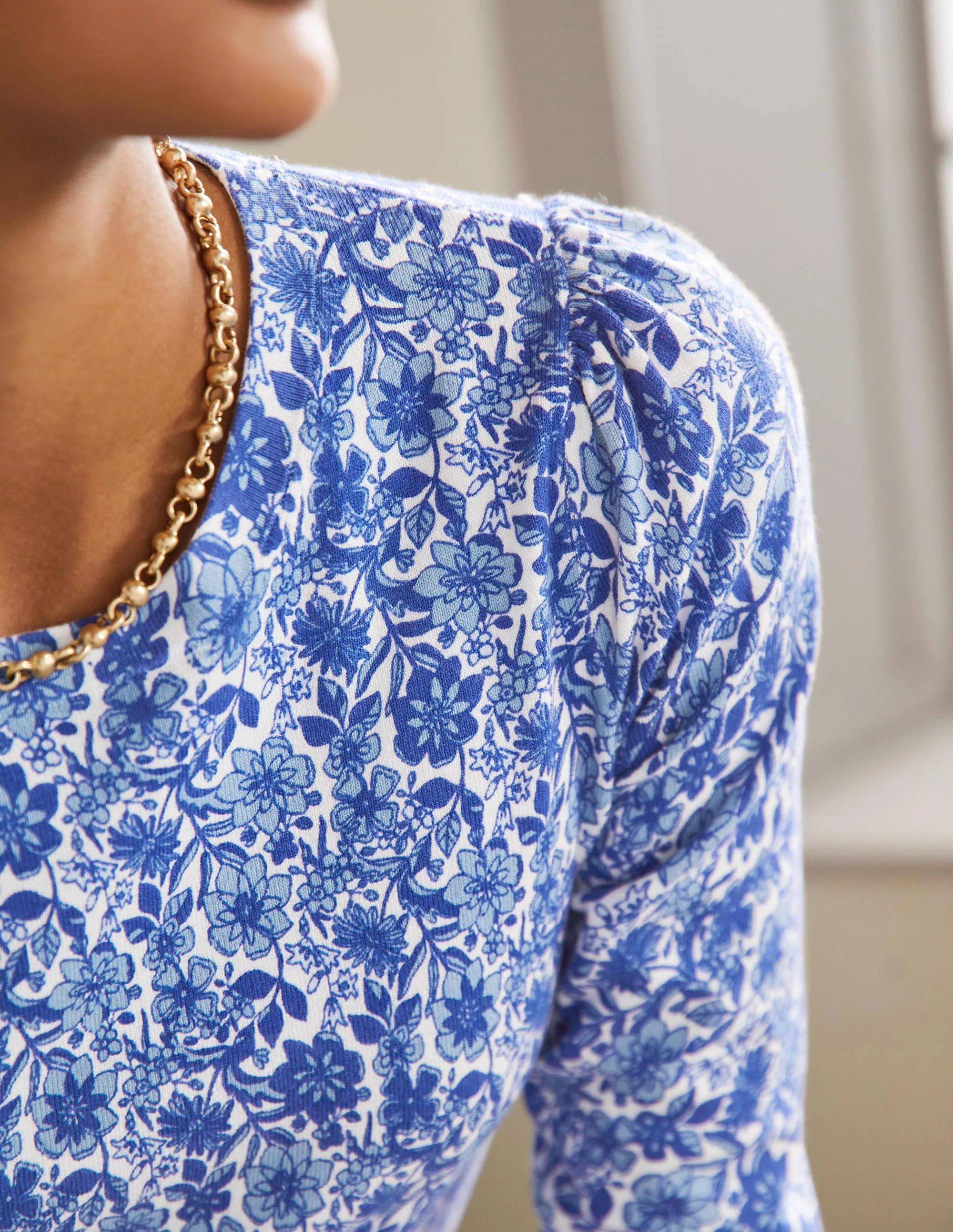 Cotton Crew Neck Jumper-Dawn Sky, Floret Bloom - Image 2