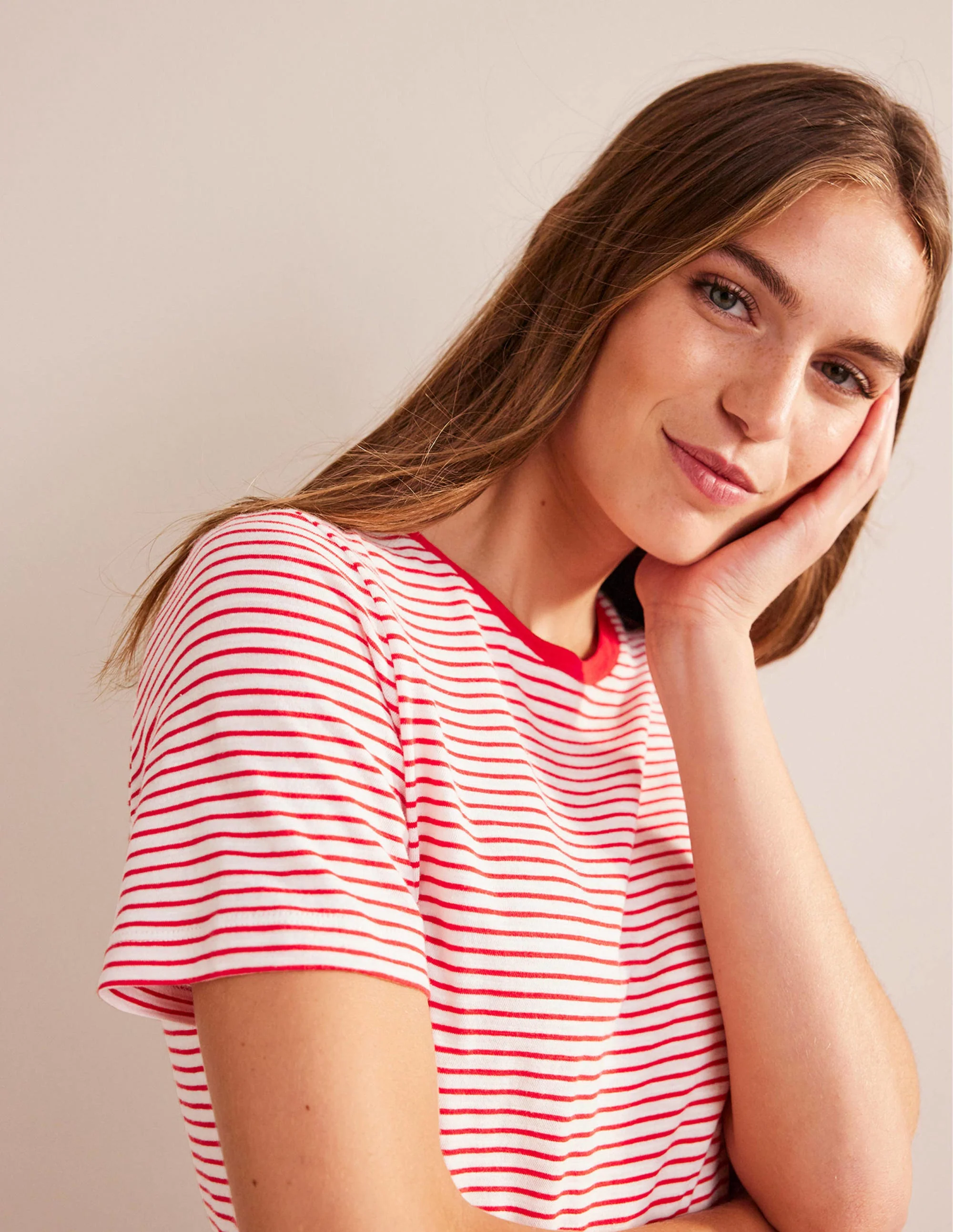 Cotton Crew Neck T-Shirt-Ivory, Red - Image 2