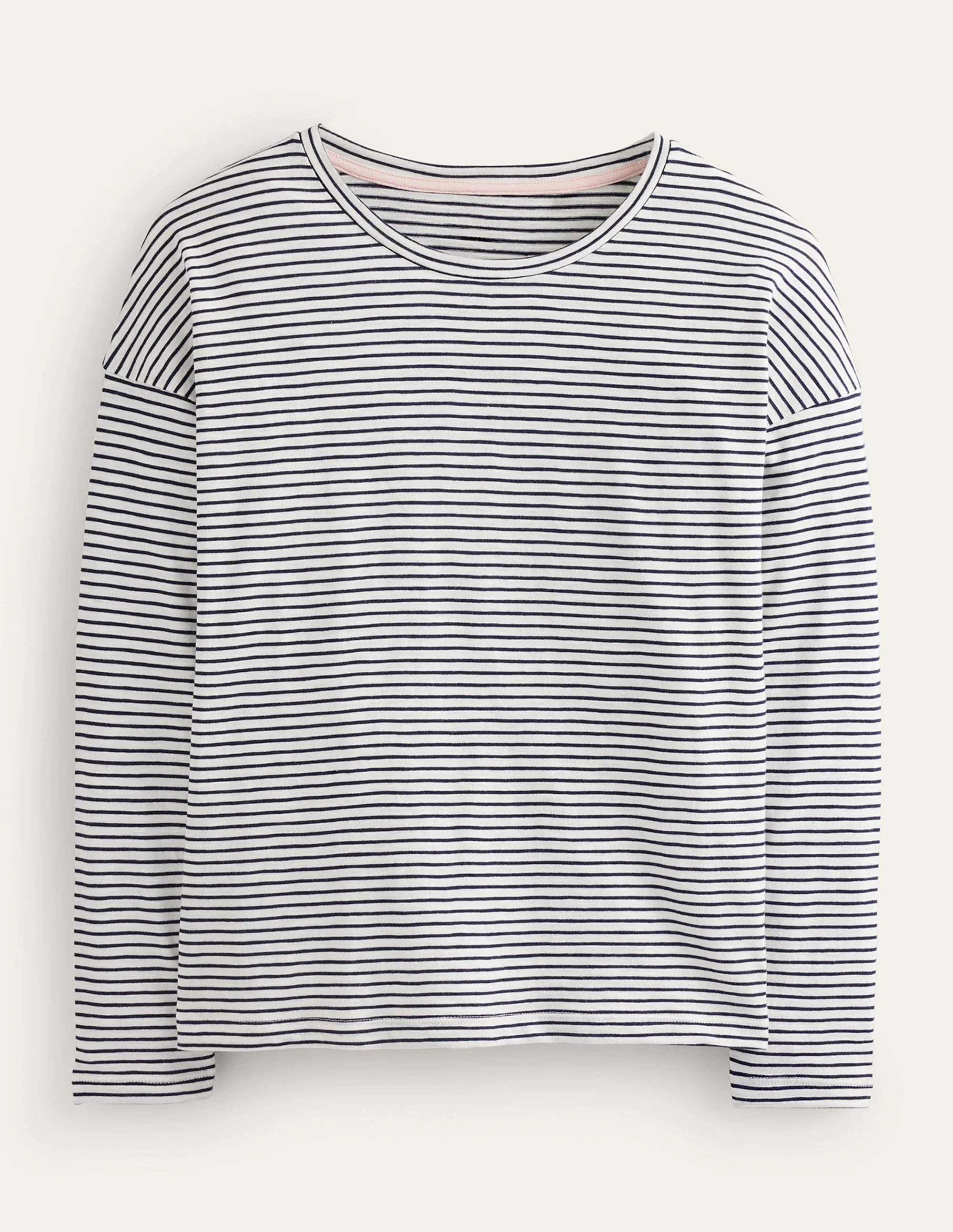 Cotton Dropped Shoulder Top-Ivory, Navy - Image 5