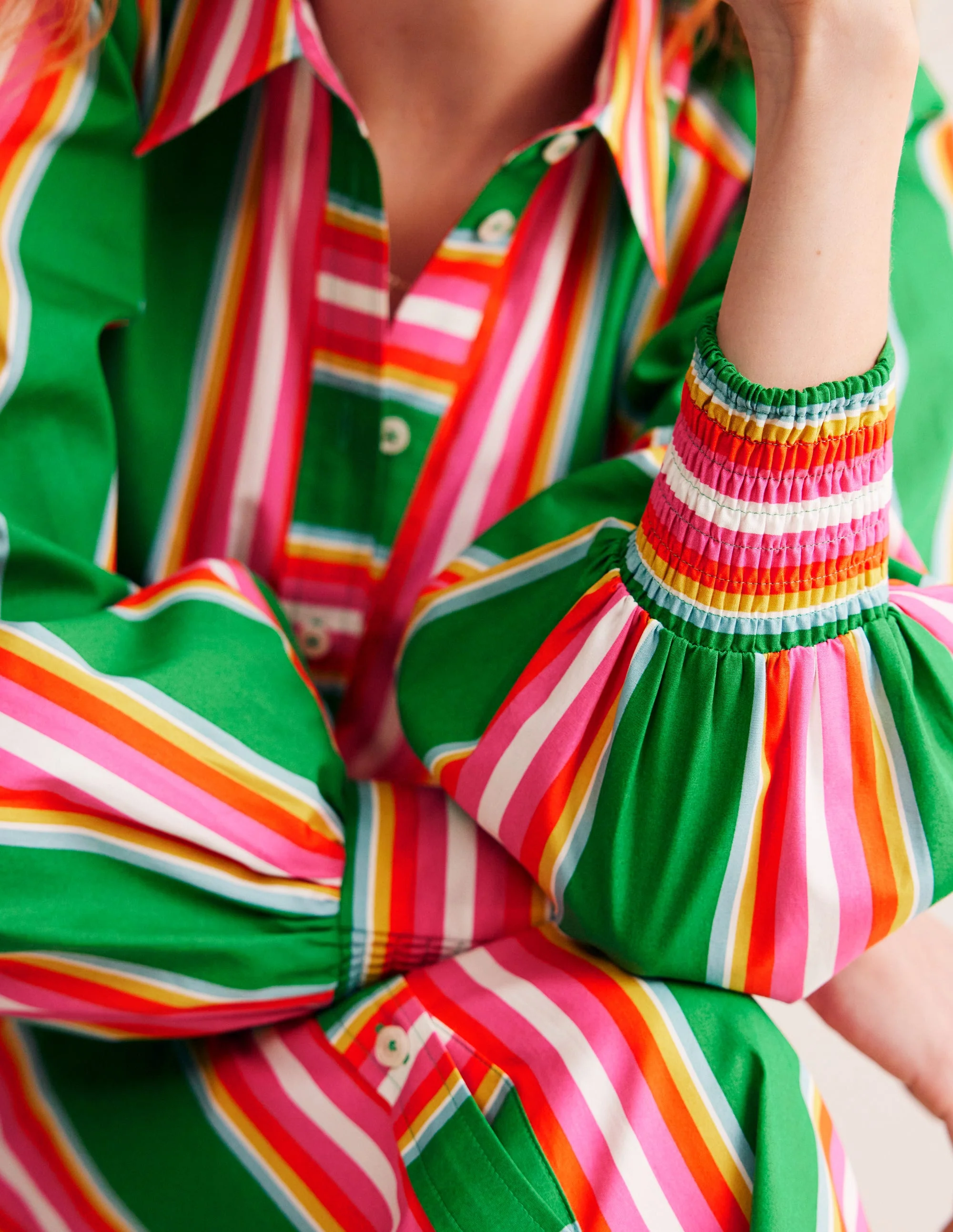 Cotton Midi Shirt Dress-Green Tambourine, Pink Stripe - Image 2