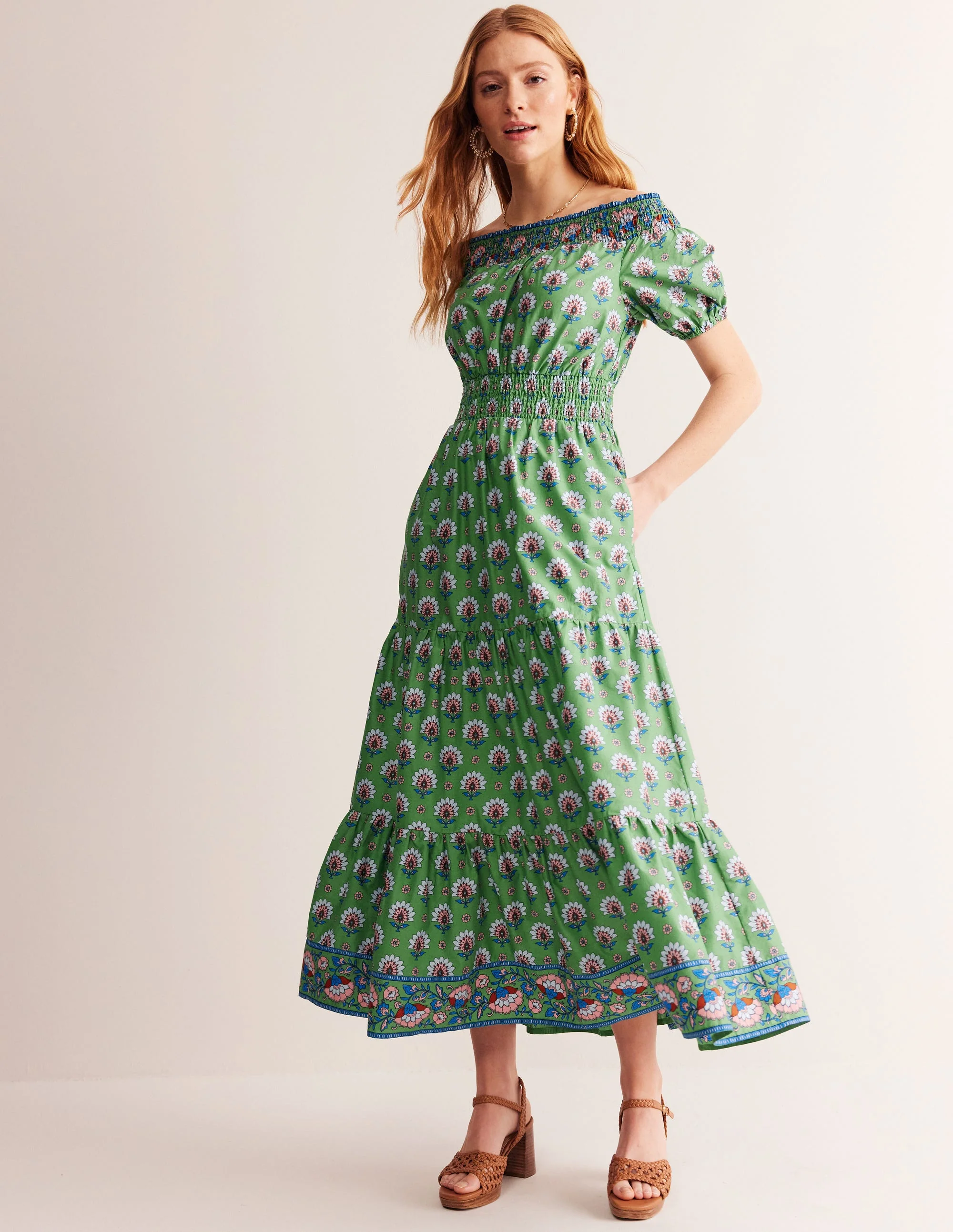 Cotton Midi Smocked Dress-Stone Green, Passion Geo - Image 4