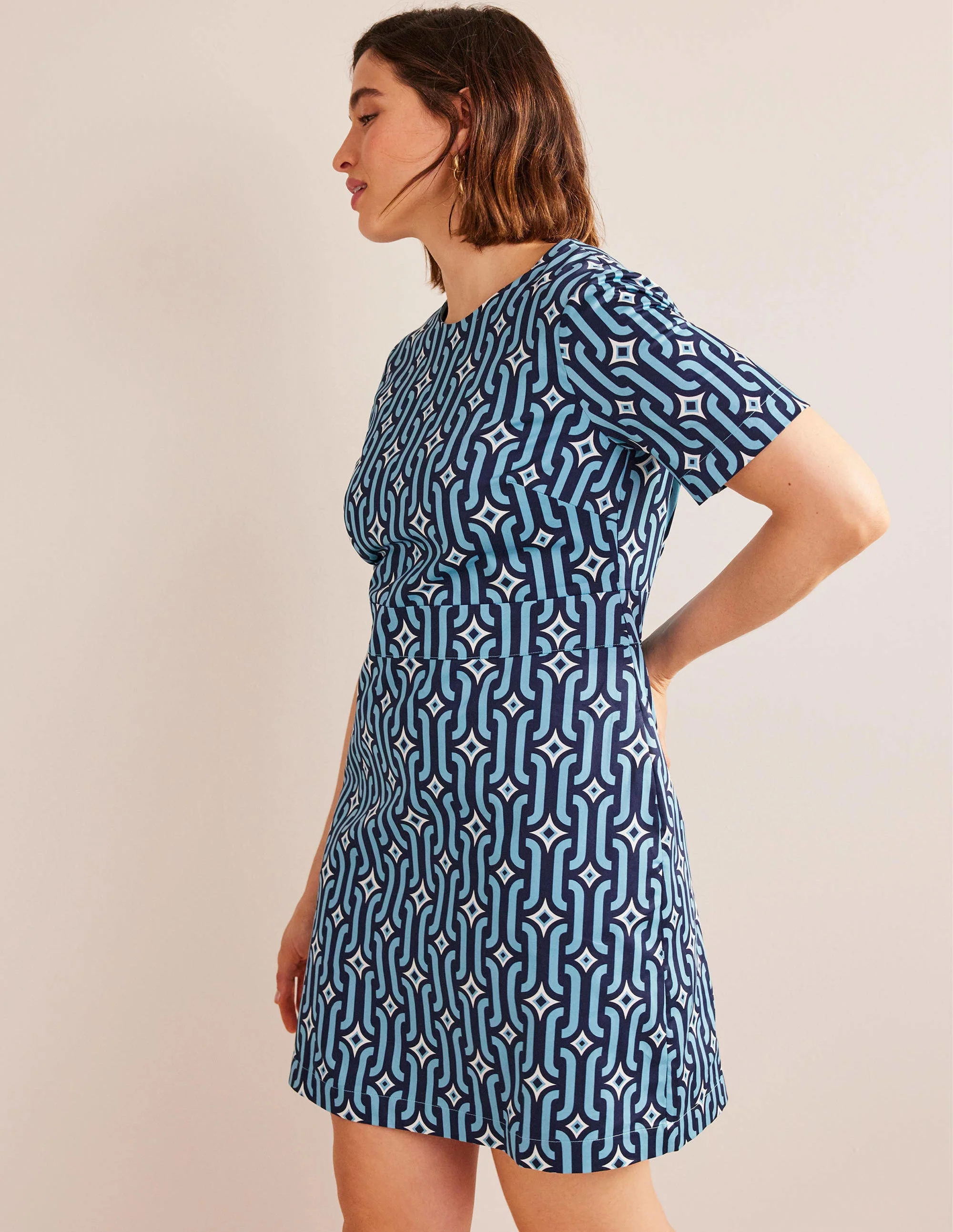Cotton Mini Shift Dress-Delphinium Blue, Azure Geo - Image 5