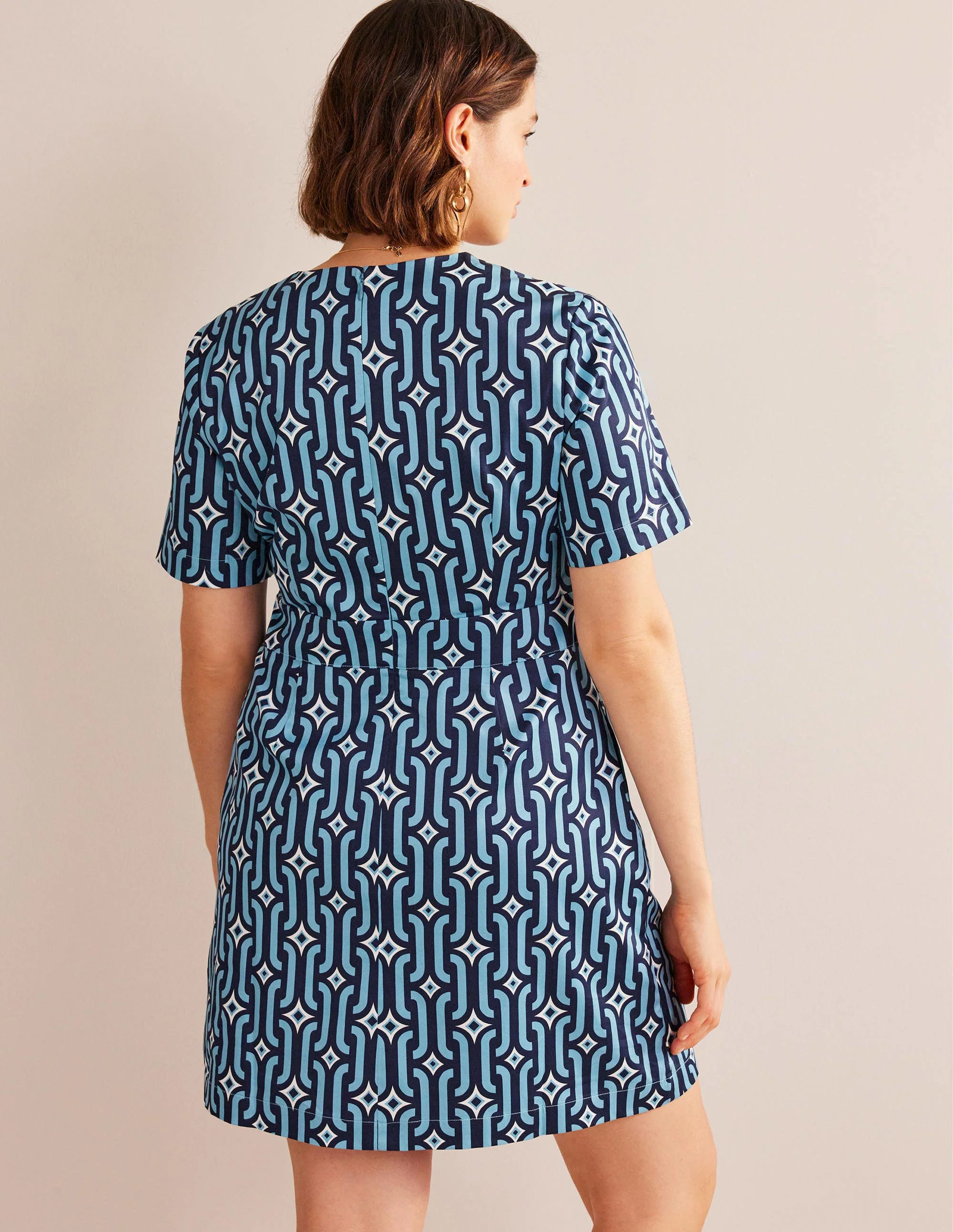Cotton Mini Shift Dress-Delphinium Blue, Azure Geo - Image 6