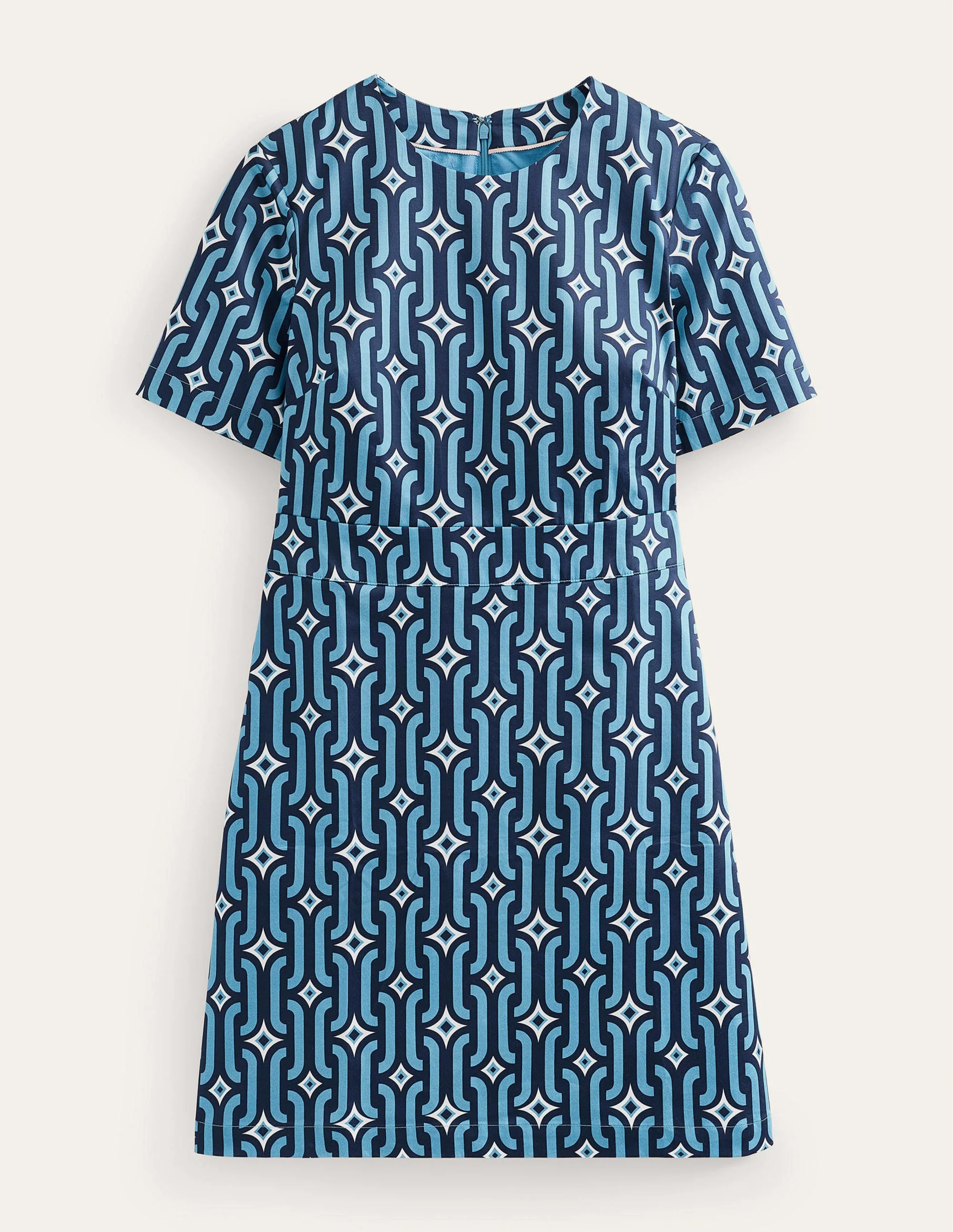 Cotton Mini Shift Dress-Delphinium Blue, Azure Geo - Image 7
