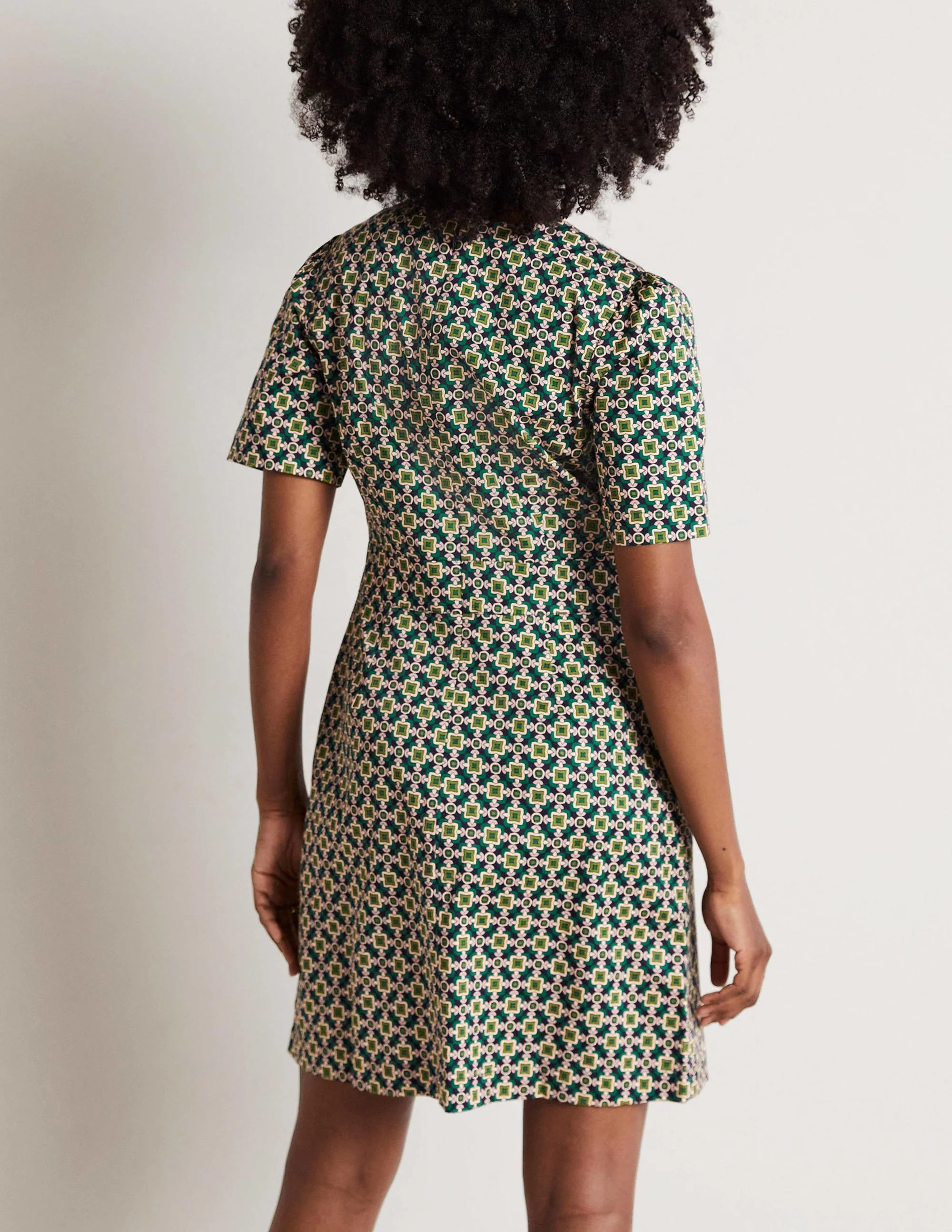 Cotton Mini Shift Dress-Shady Glade, Square Geo - Image 7