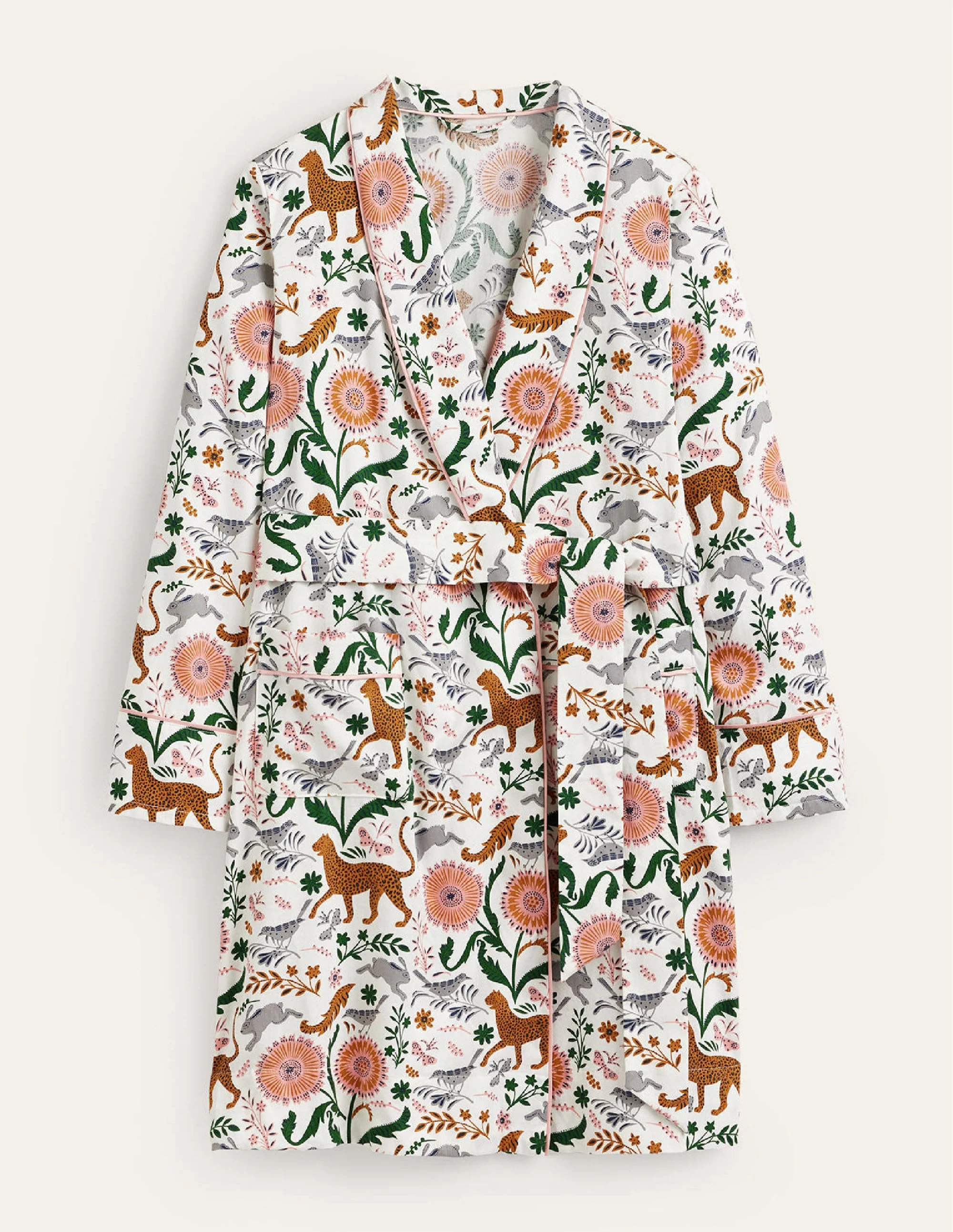 Cotton-Sateen Dressing Gown-Ivory, Jungle Flora - Image 6