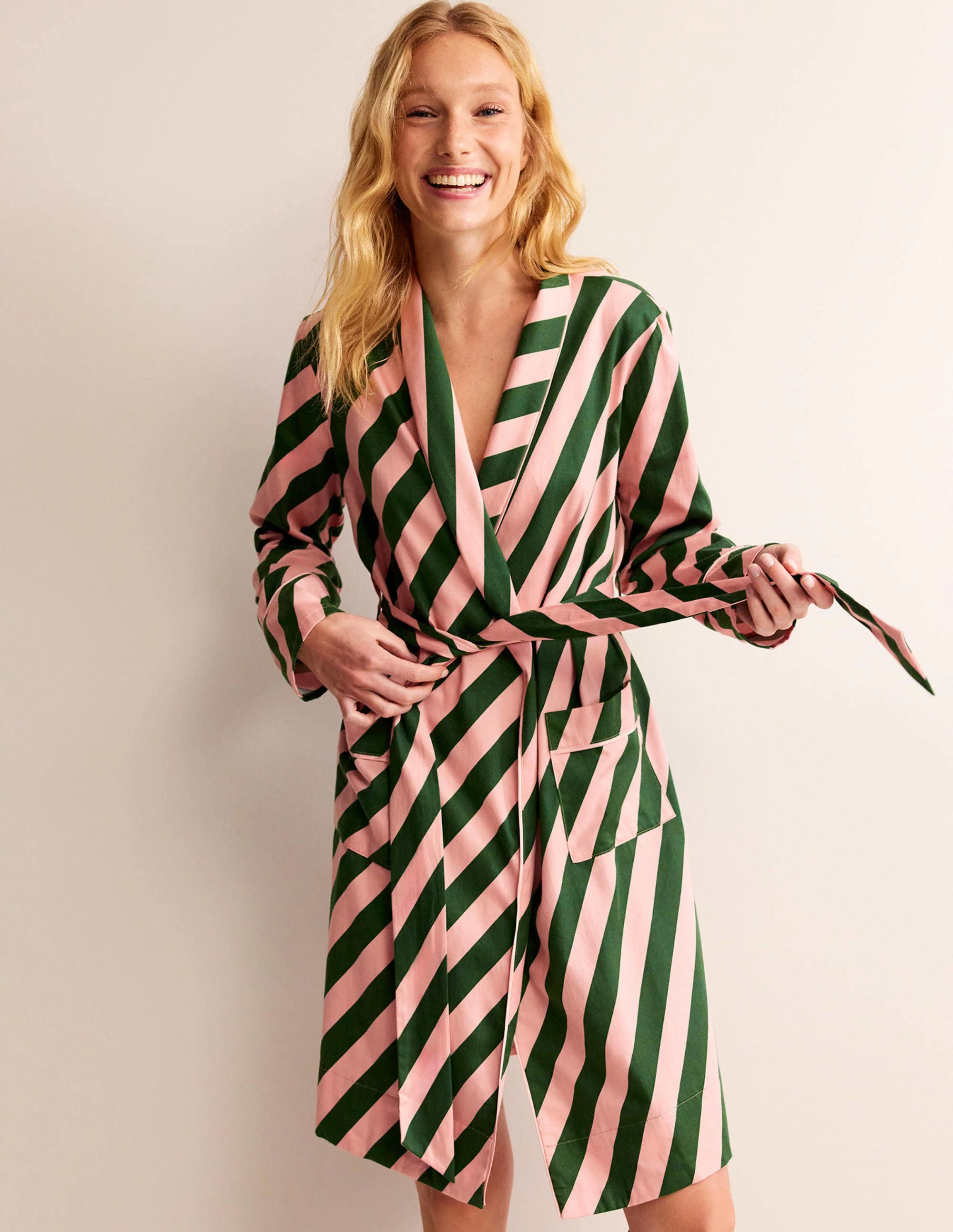 Cotton-Sateen Dressing Gown-Rosette Pink, Amazon Green - Image 4