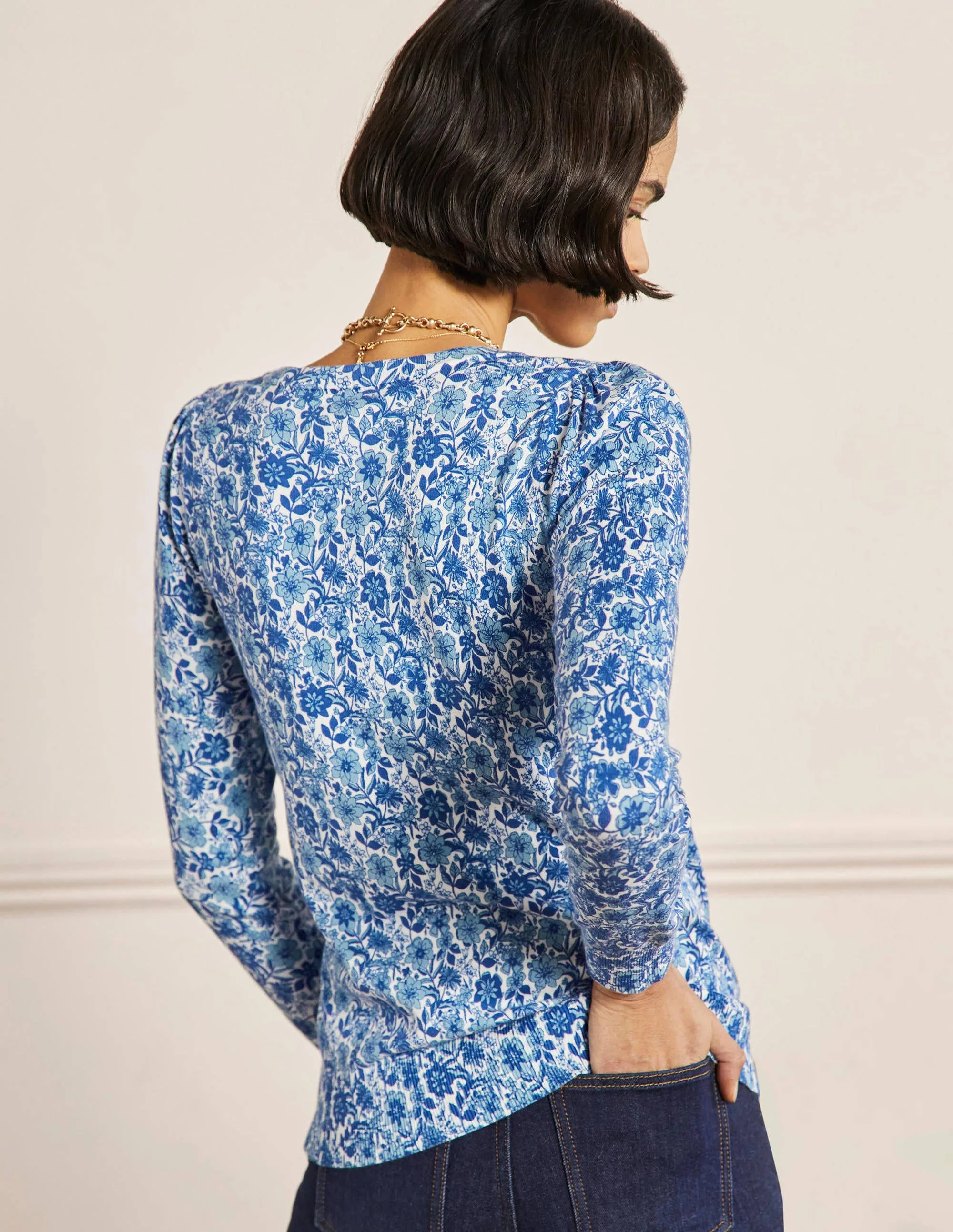 Cotton V-Neck Jumper-Dawn Sky, Floret Bloom - Image 3