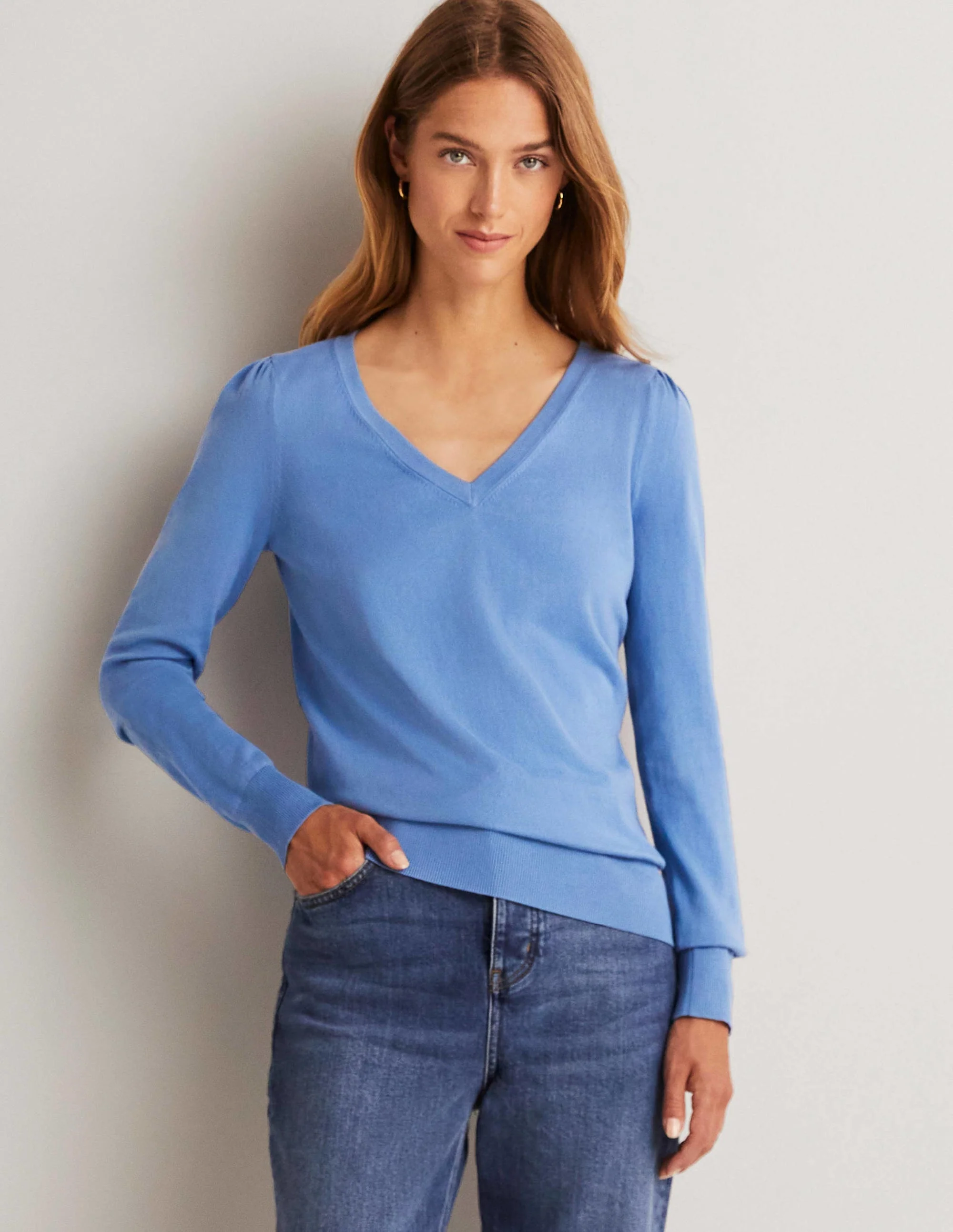 Cotton V-Neck Jumper-Riviera Blue