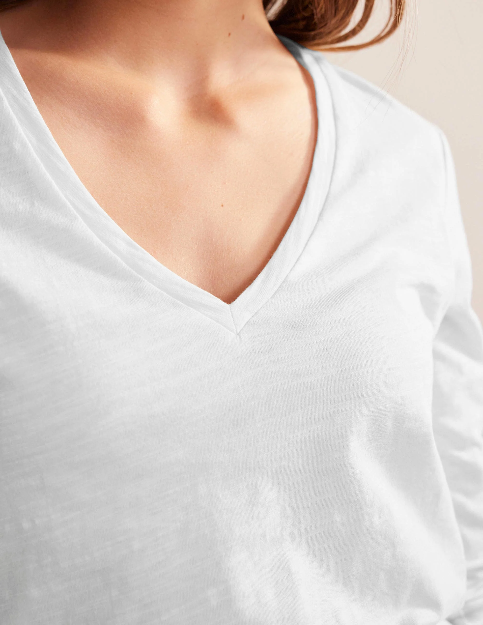 Cotton V-Neck Long Sleeve Top-White - Image 2