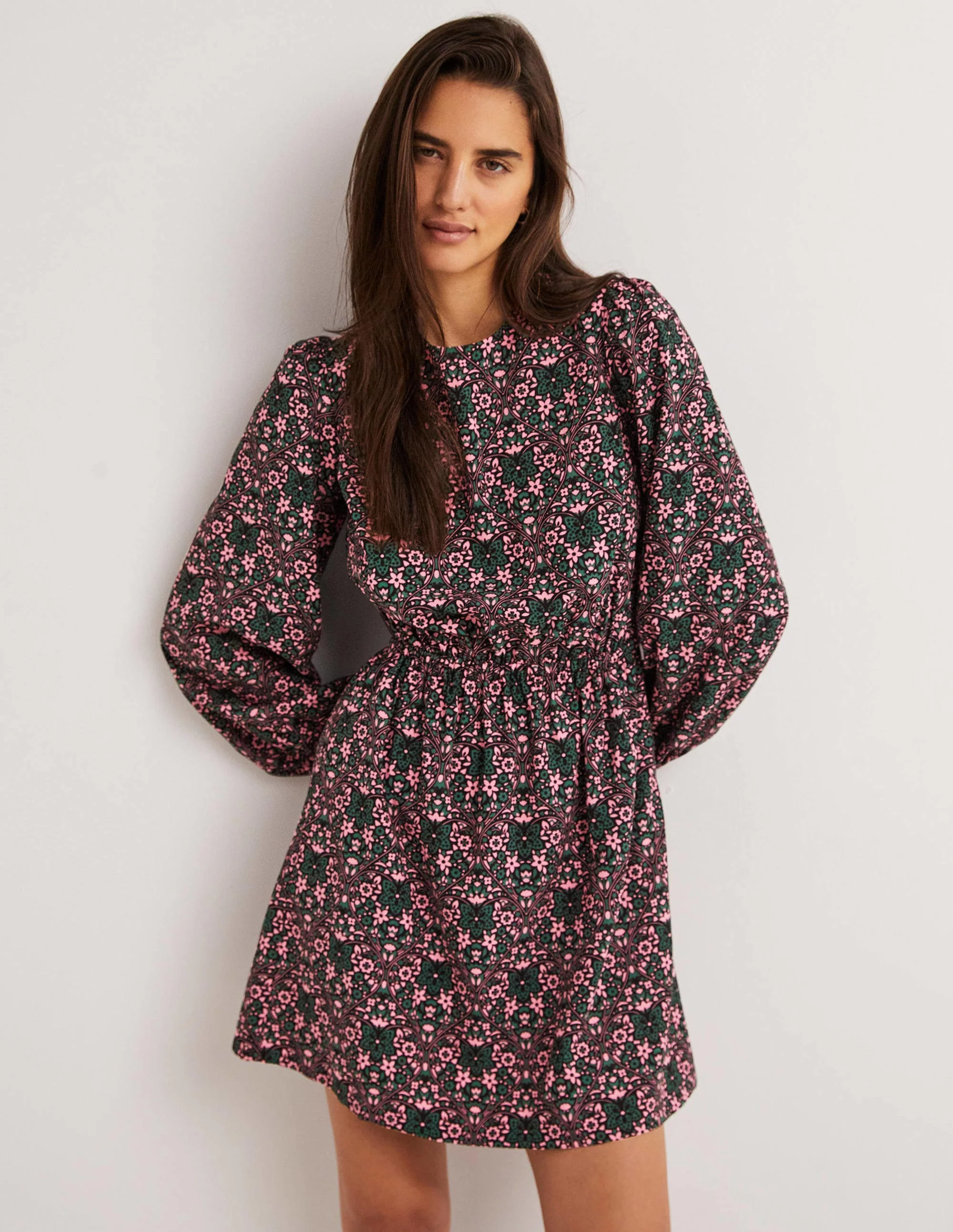 Crew Neck Dress-Trekking Green, Heart Bloom