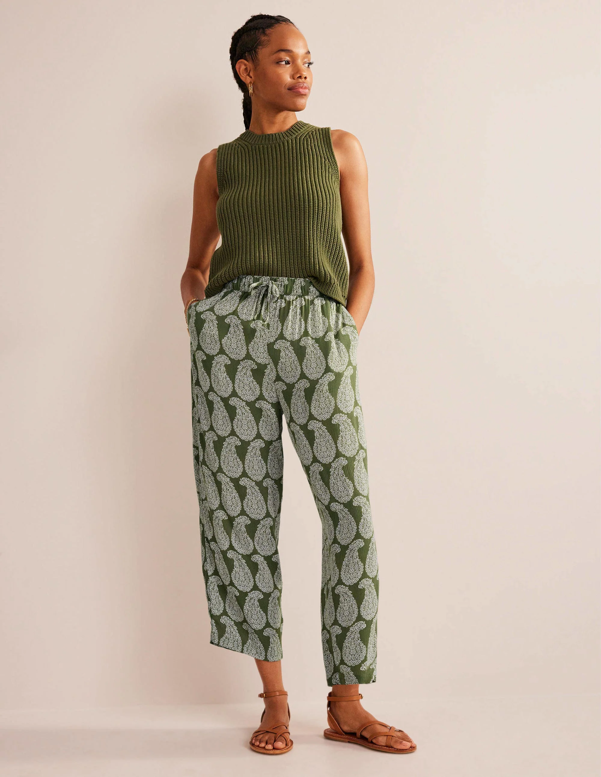 Crinkle Tapered Trousers-Spruce, Sweet Paisley