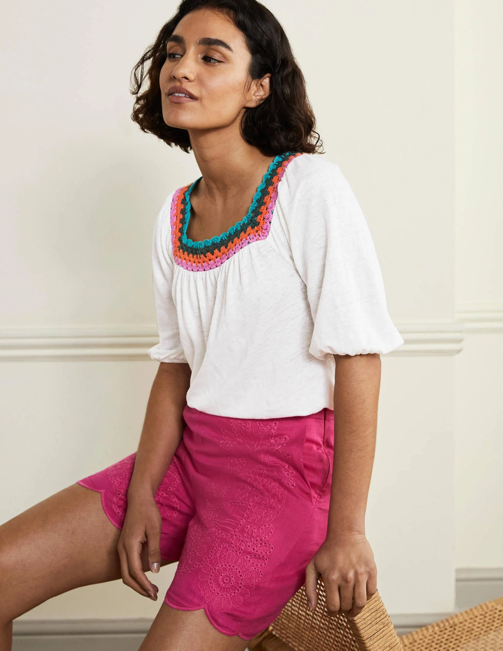 Crochet Trim Puff Sleeve Top-White