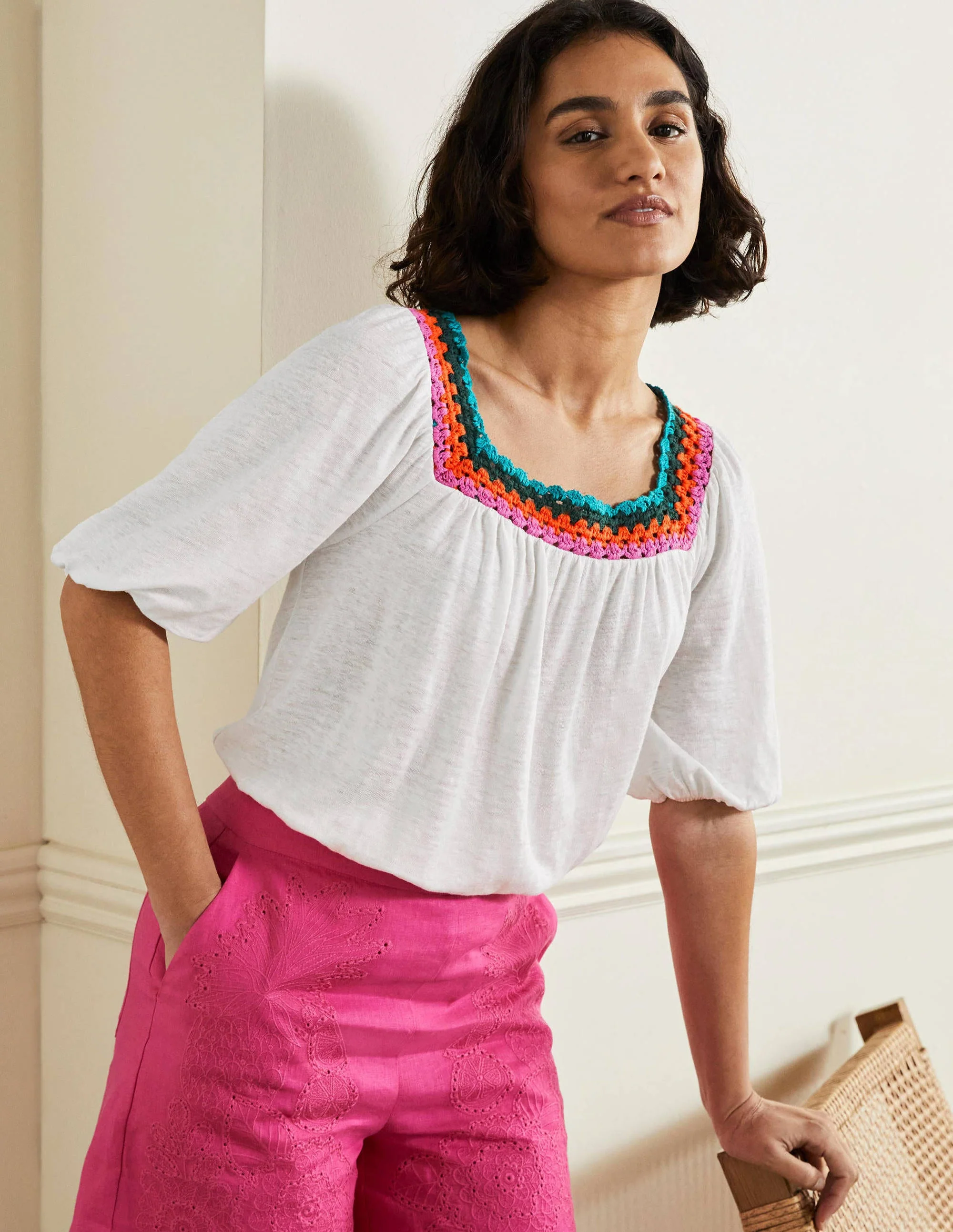 Crochet Trim Puff Sleeve Top-White - Image 4