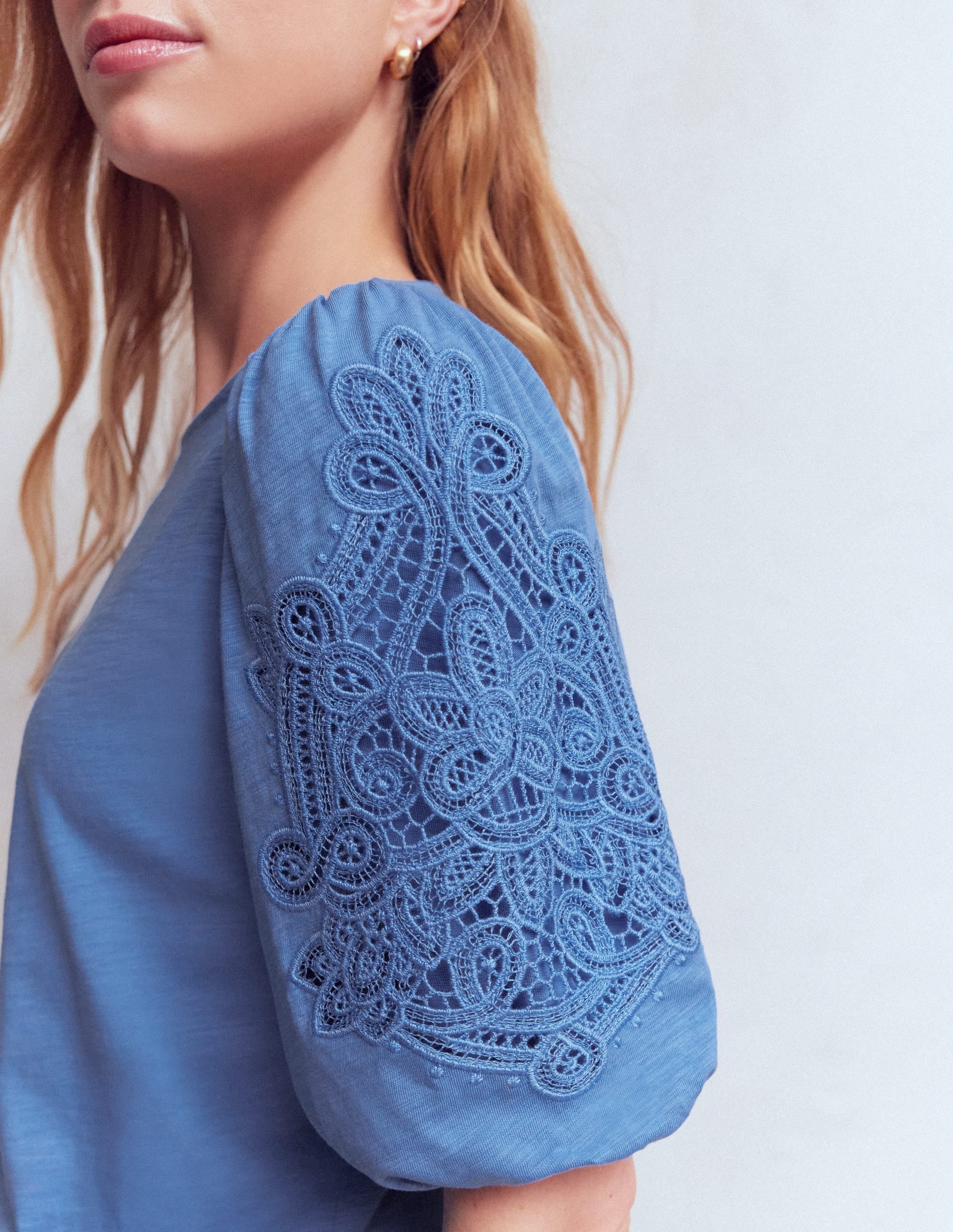 Cutwork Detail Jersey Top-Forget Me Not Blue - Image 2
