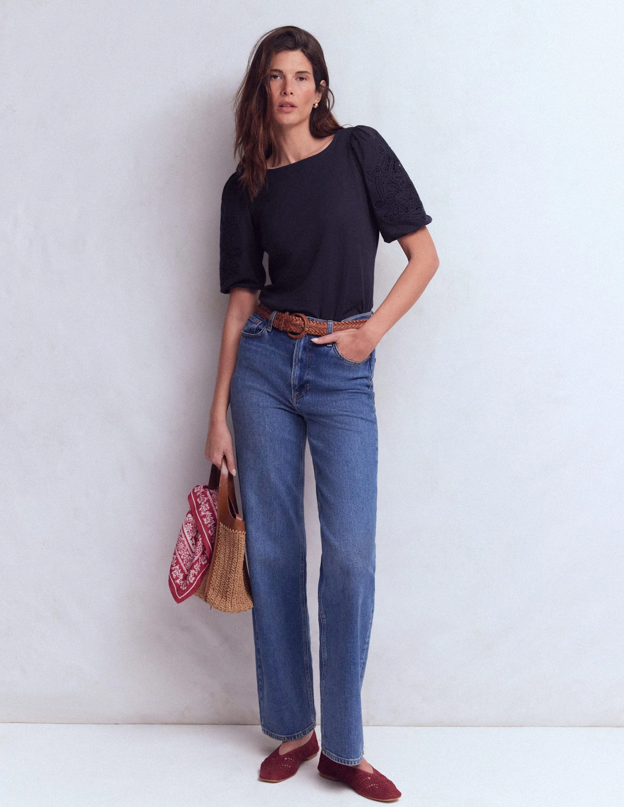 Cutwork Detail Jersey Top-Navy