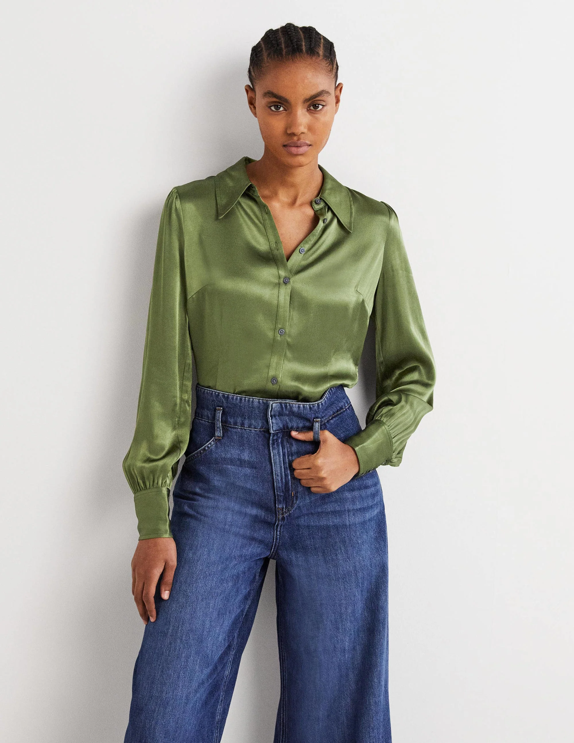 Dart Detail Satin Fitted Shirt-Kale Green - Image 4