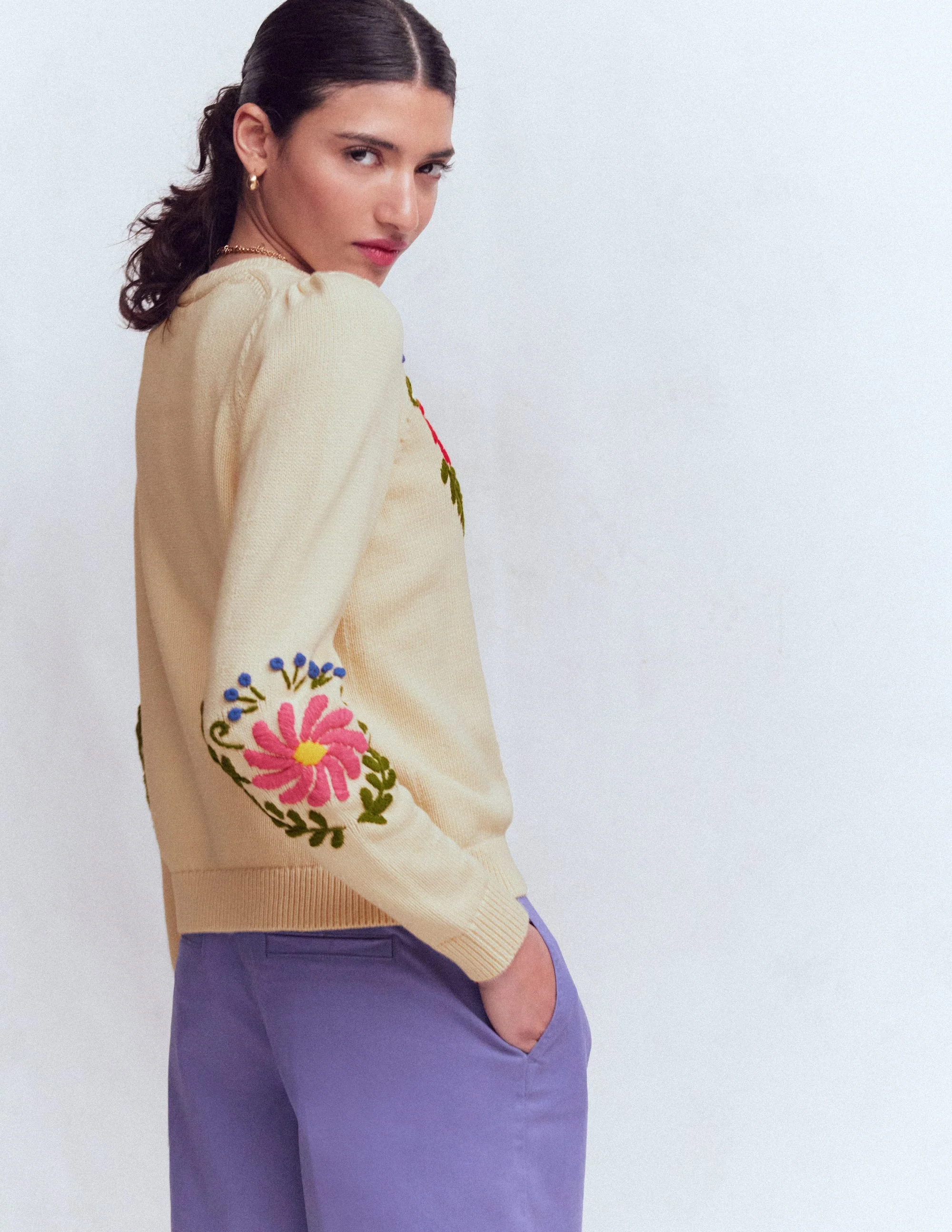 Davina Puff Sleeve Jumper-Ivory Embroidery - Image 3
