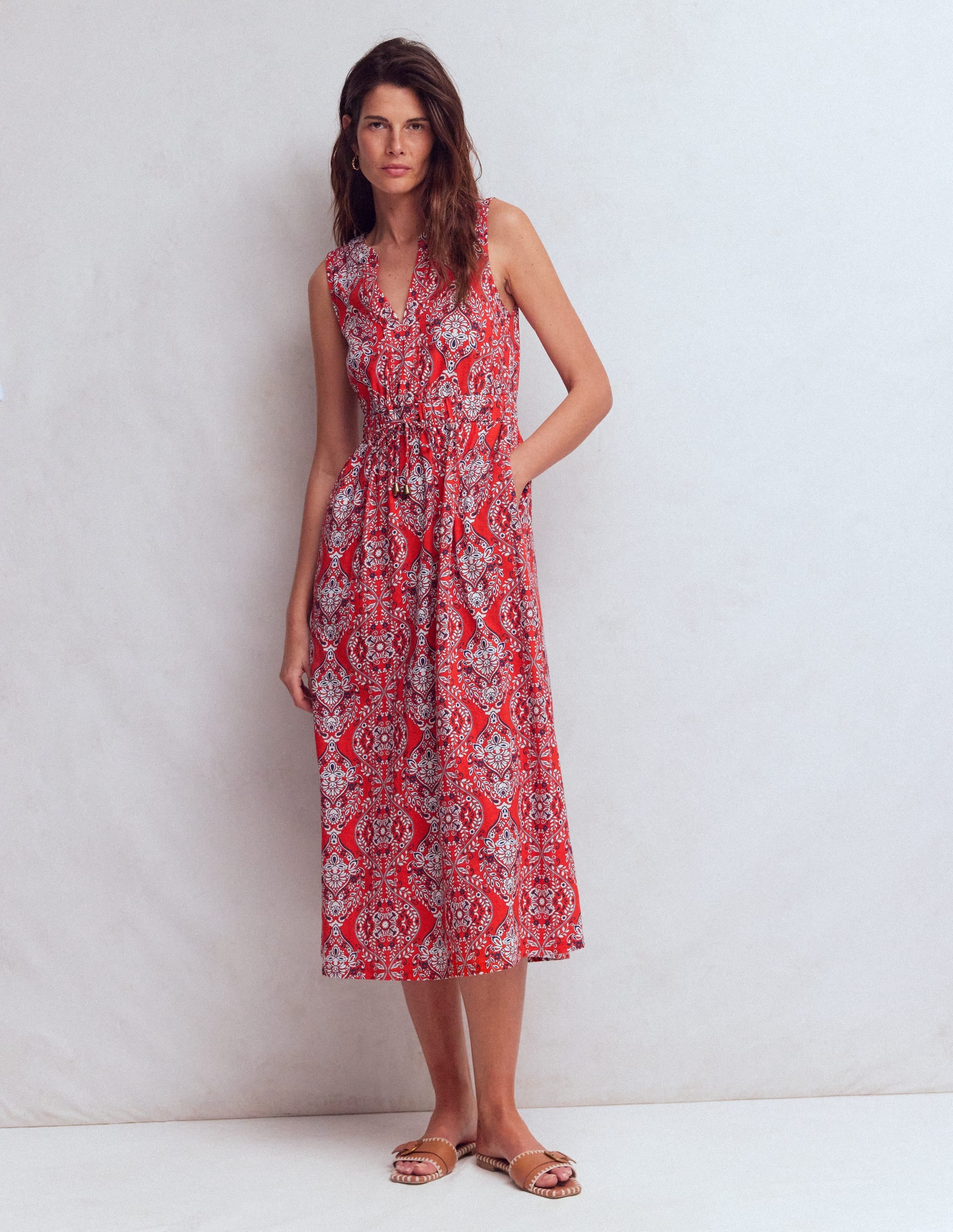 Delphine Midi Jersey Dress-Blood Orange, Gardenia