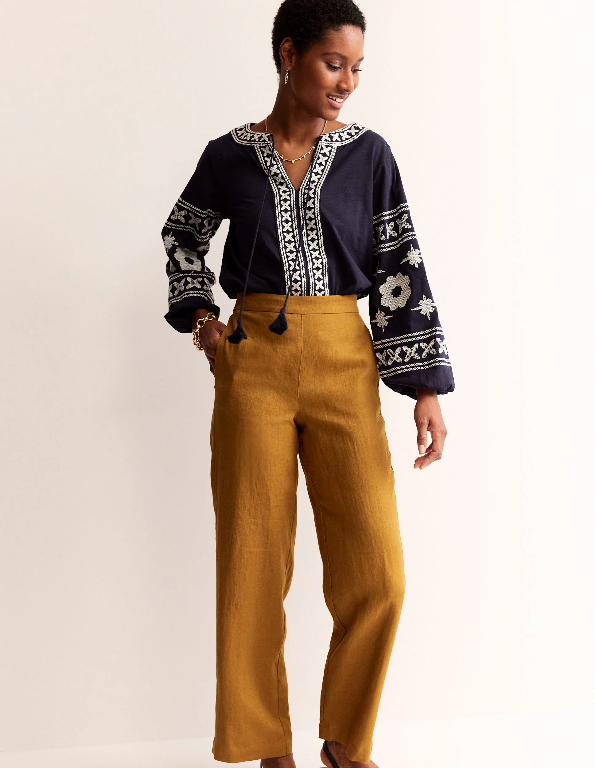 Diana Embroidered Tie Neck Top-Navy - Image 4