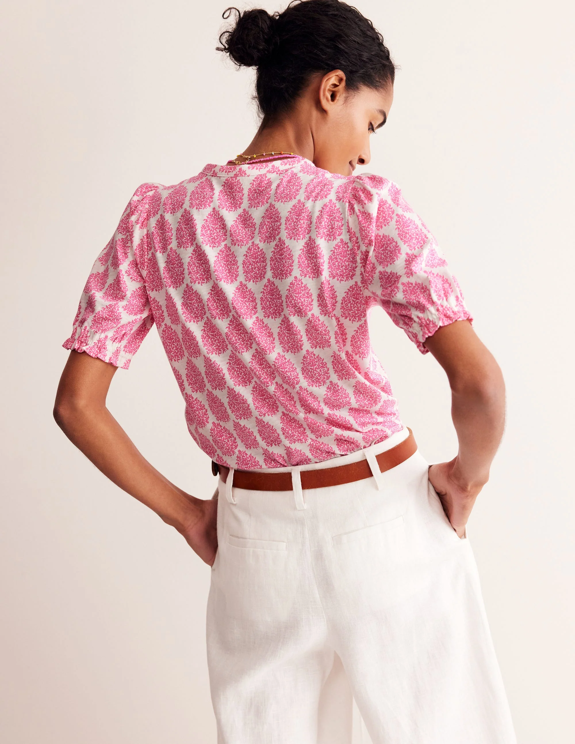 Dolly Puff Sleeve Jersey Shirt-Sangria Sunset, Floret Paisley - Image 3