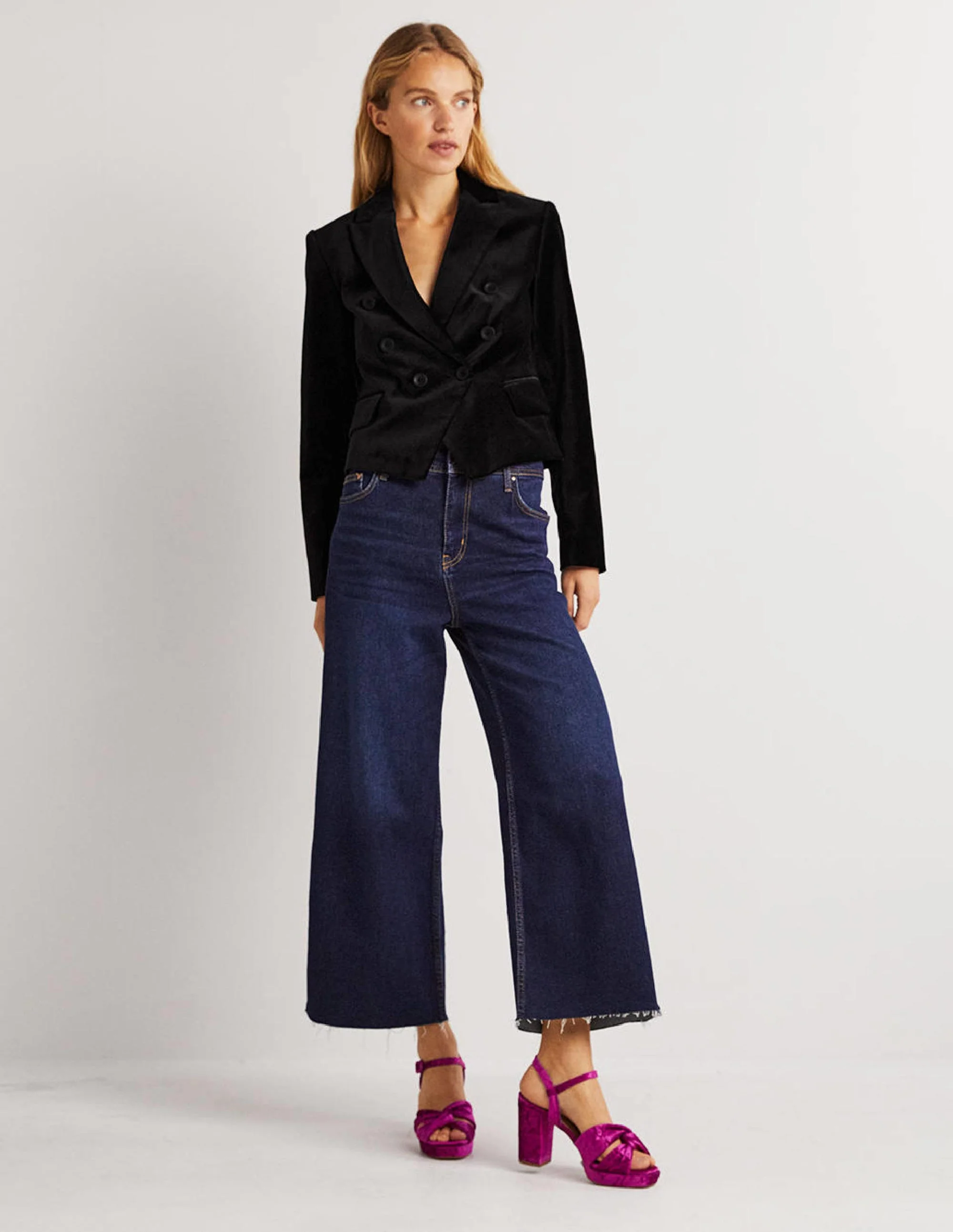 Double Breasted Velvet Blazer-Black - Image 5