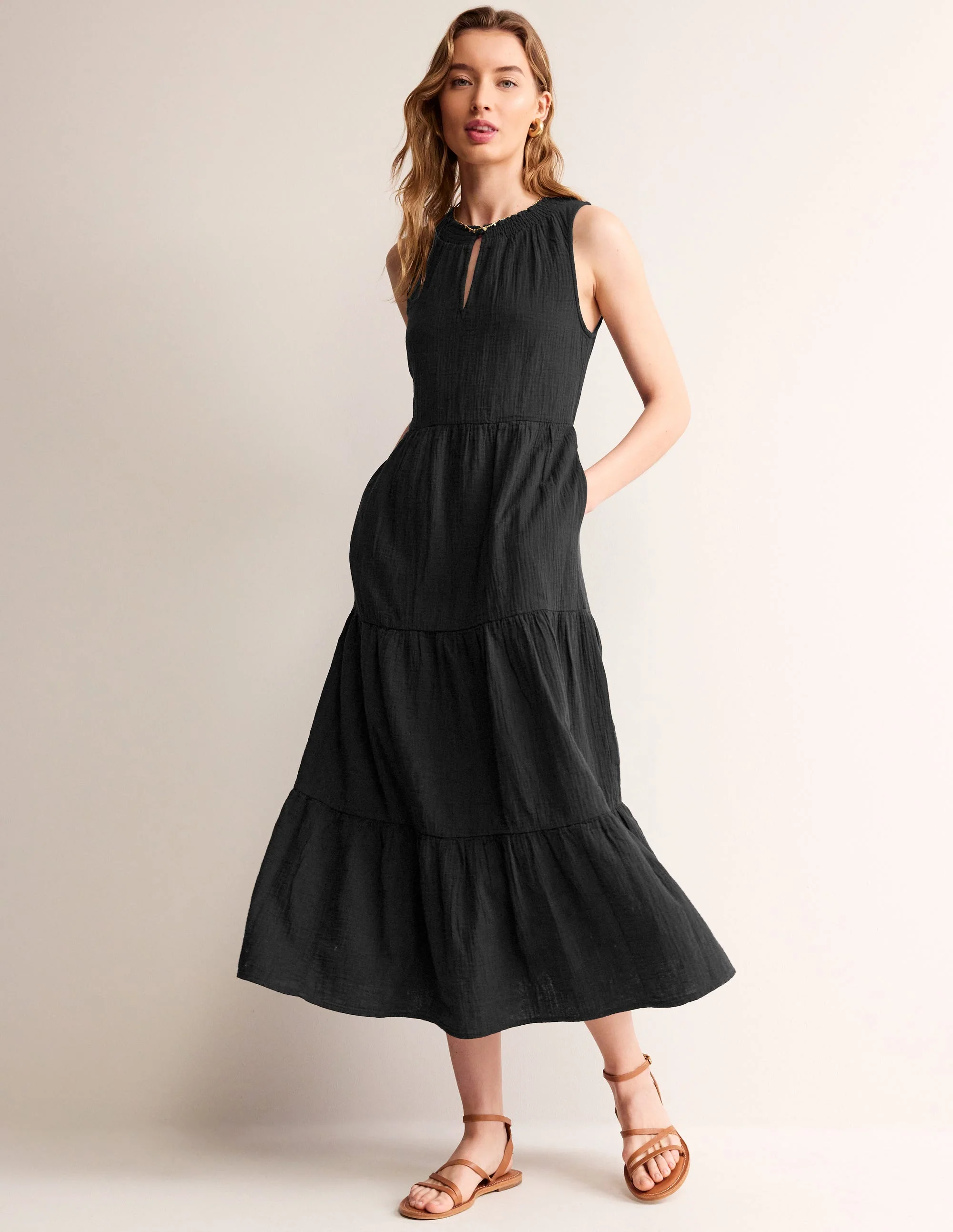 Double Cloth Maxi Tiered Dress-Black