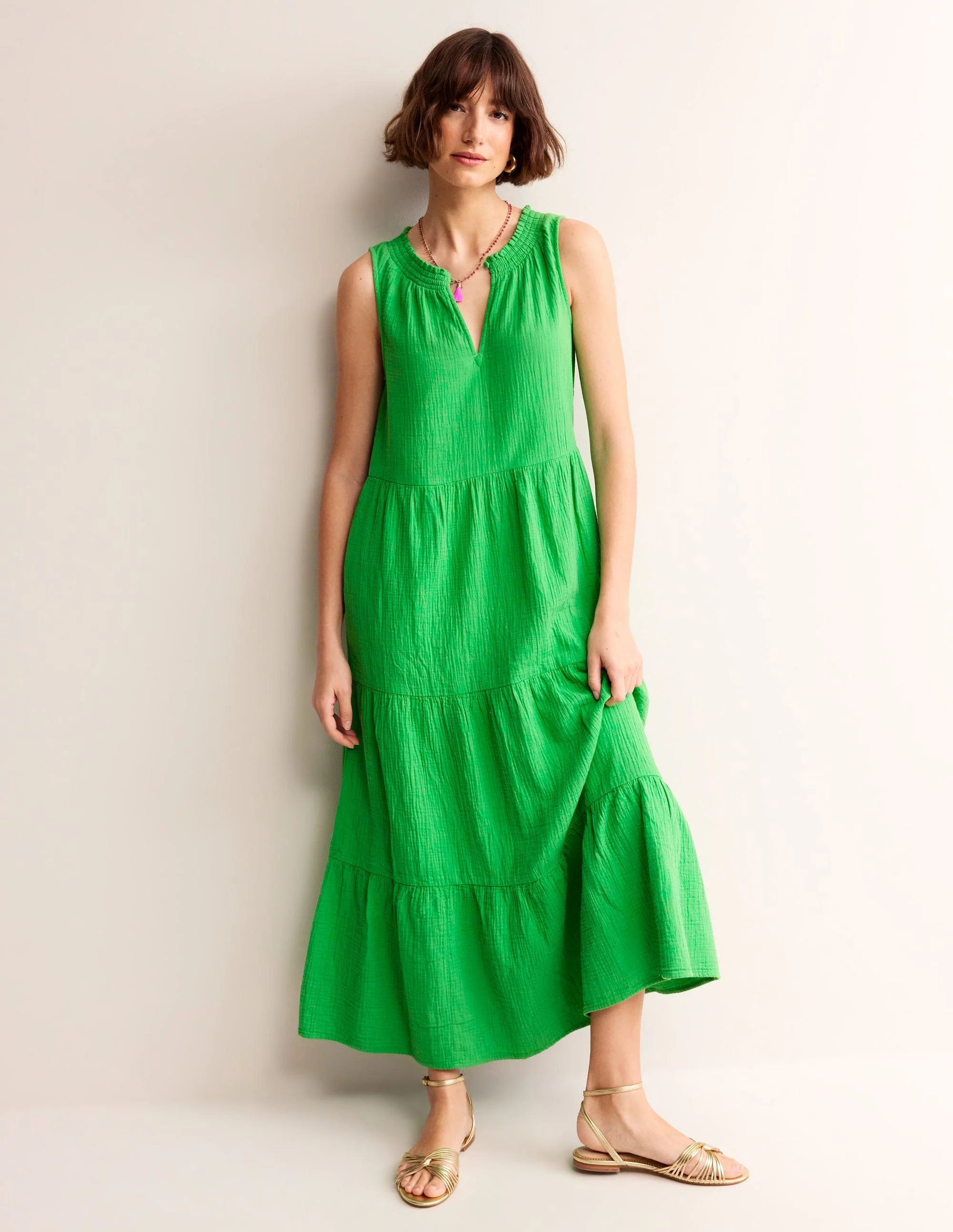 Double Cloth Maxi Tiered Dress-Kelly Green