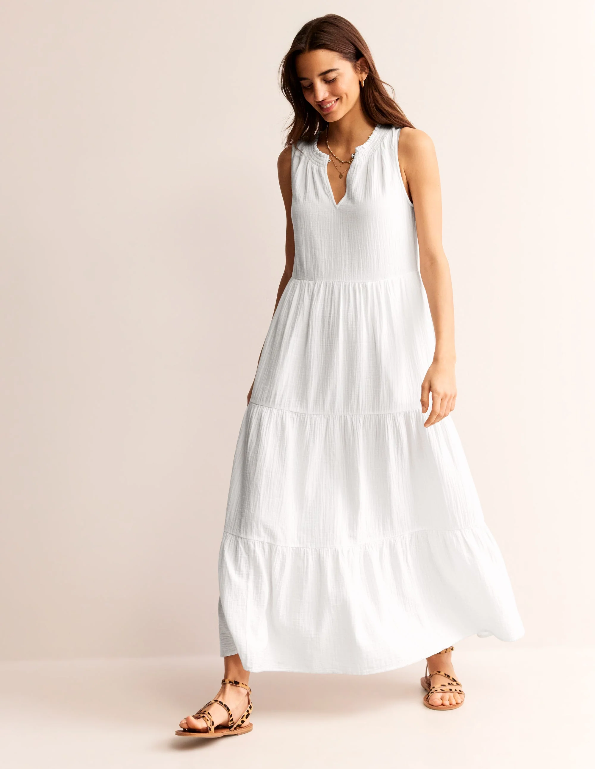 Double Cloth Maxi Tiered Dress-White - Image 2
