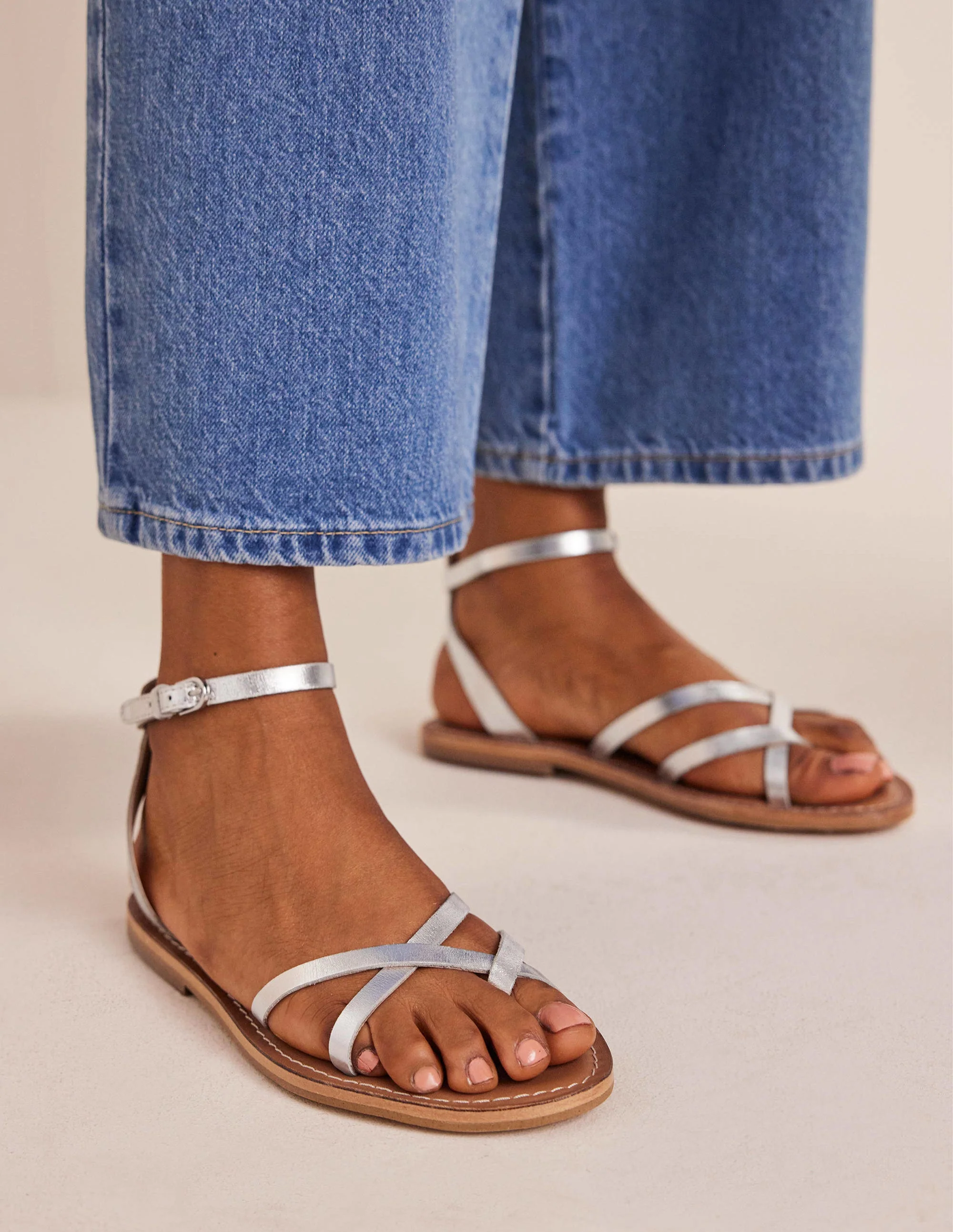 Easy Flat Sandals-Silver Metallic Leather - Image 4
