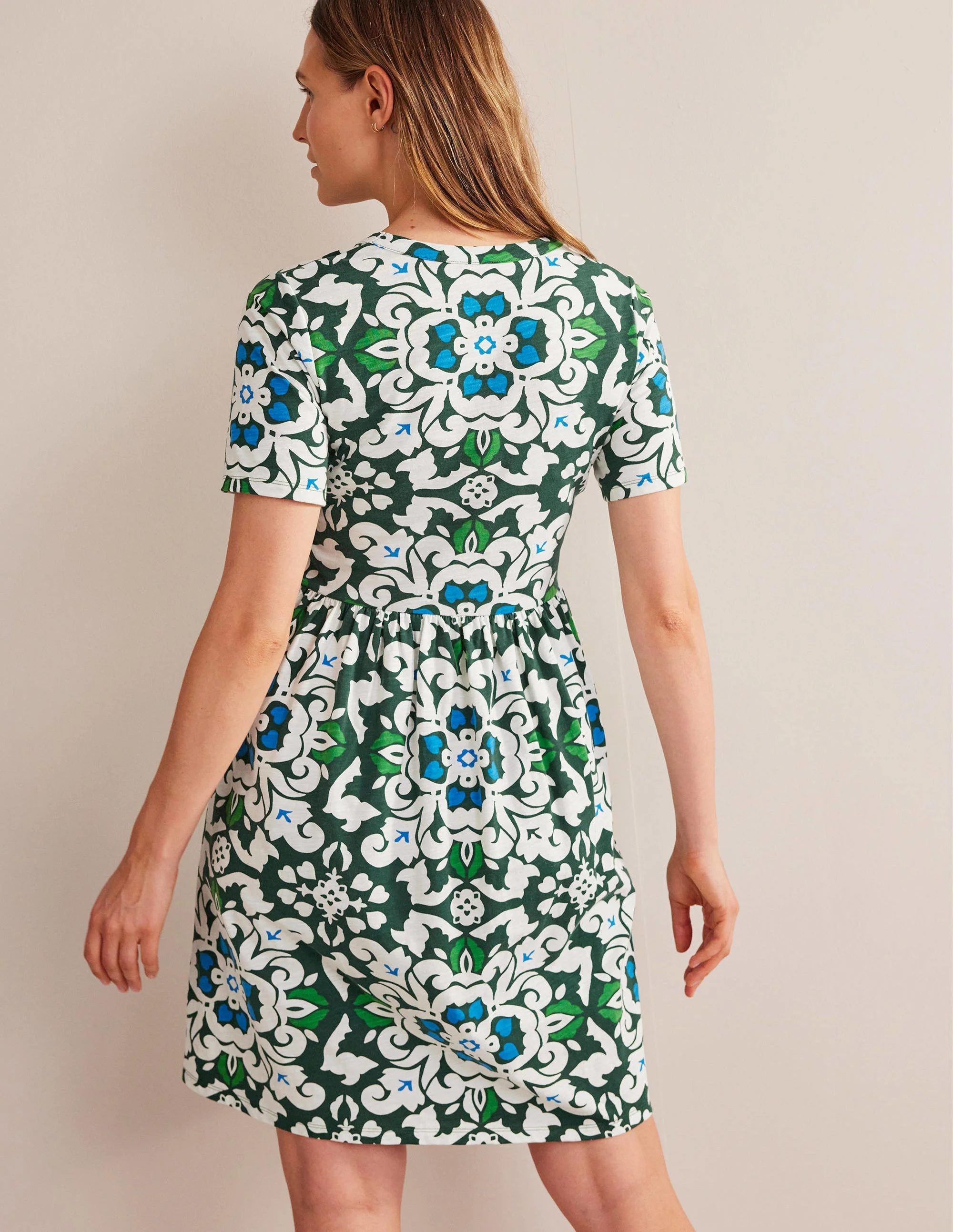 Easy Notch Neck Jersey Dress-Trekking Green, Opulent Pome - Image 3