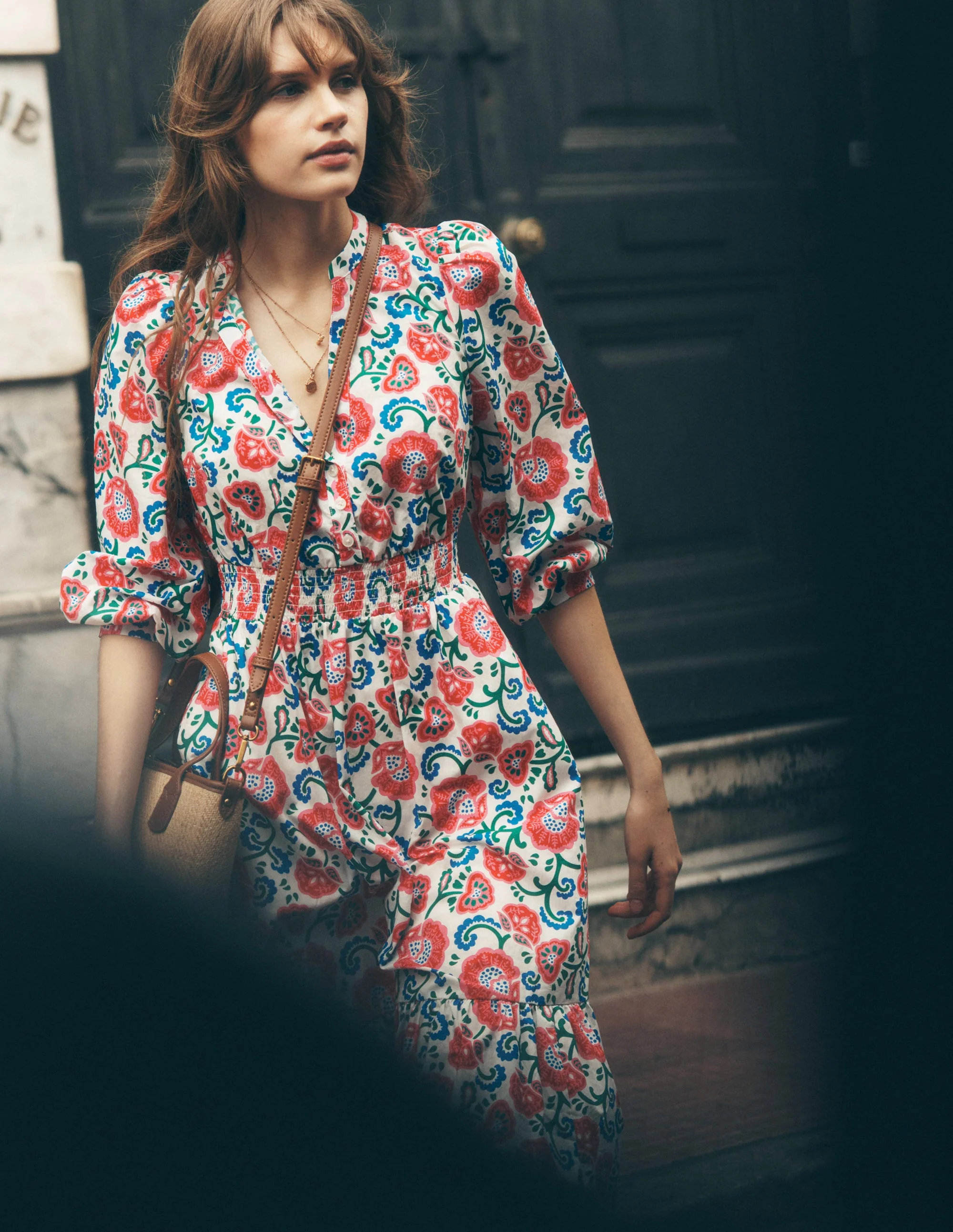 Elena Tiered Cotton Midi Dress-Ivory, Garden Vine - Image 5