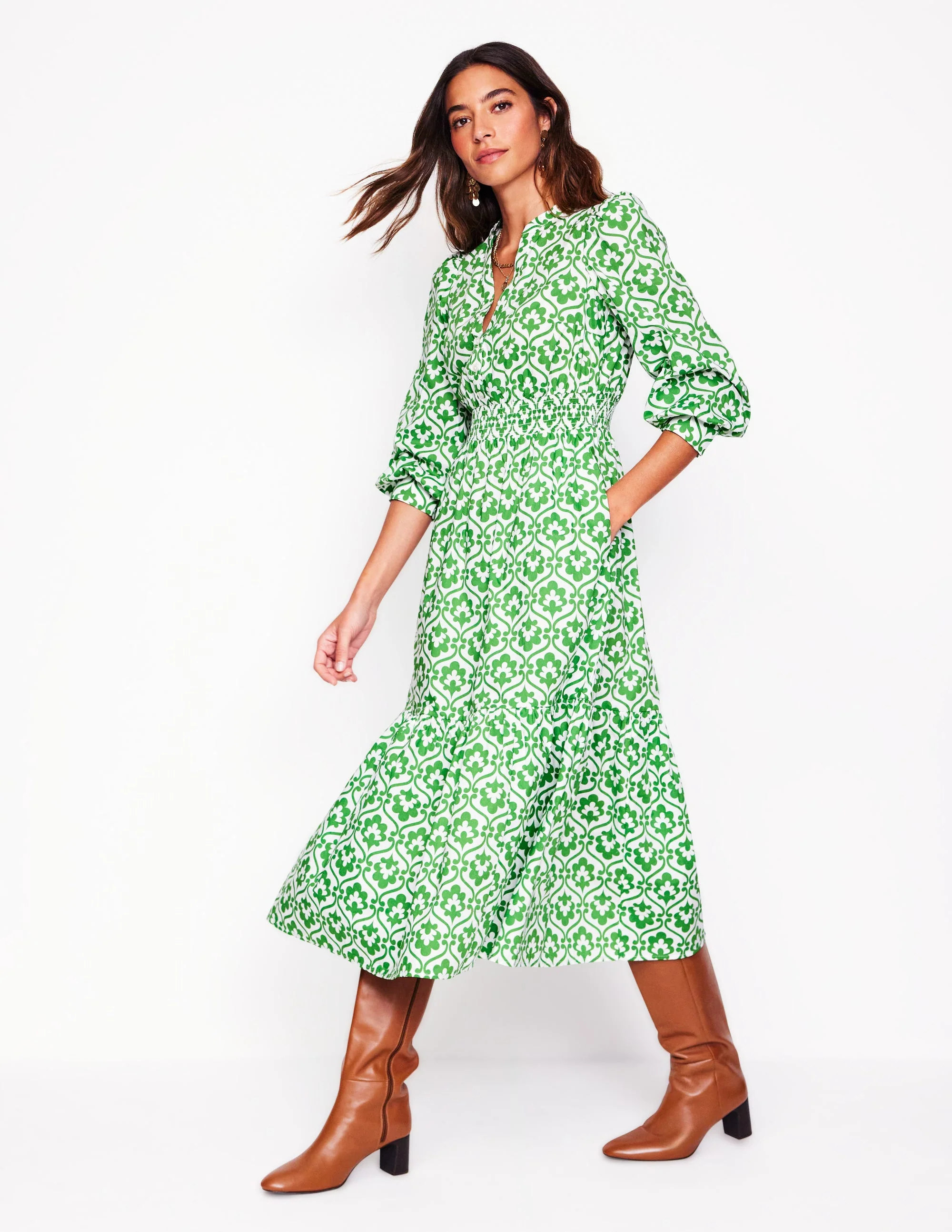 Elena Tiered Cotton Midi Dress-Paradise Green, Ivy Trellis - Image 5