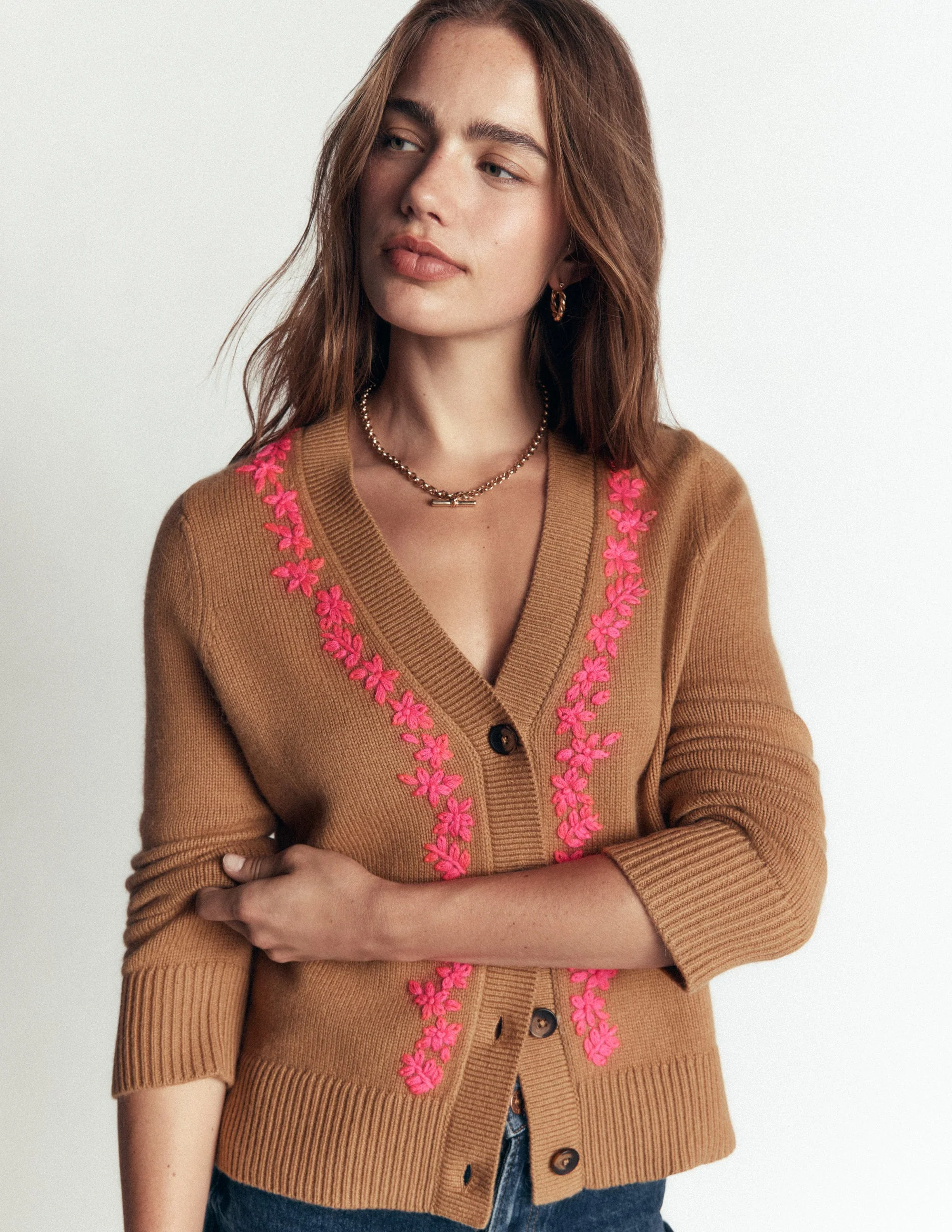 Ella Embroidered Knit Cardigan-Camel, Embroidery - Image 2