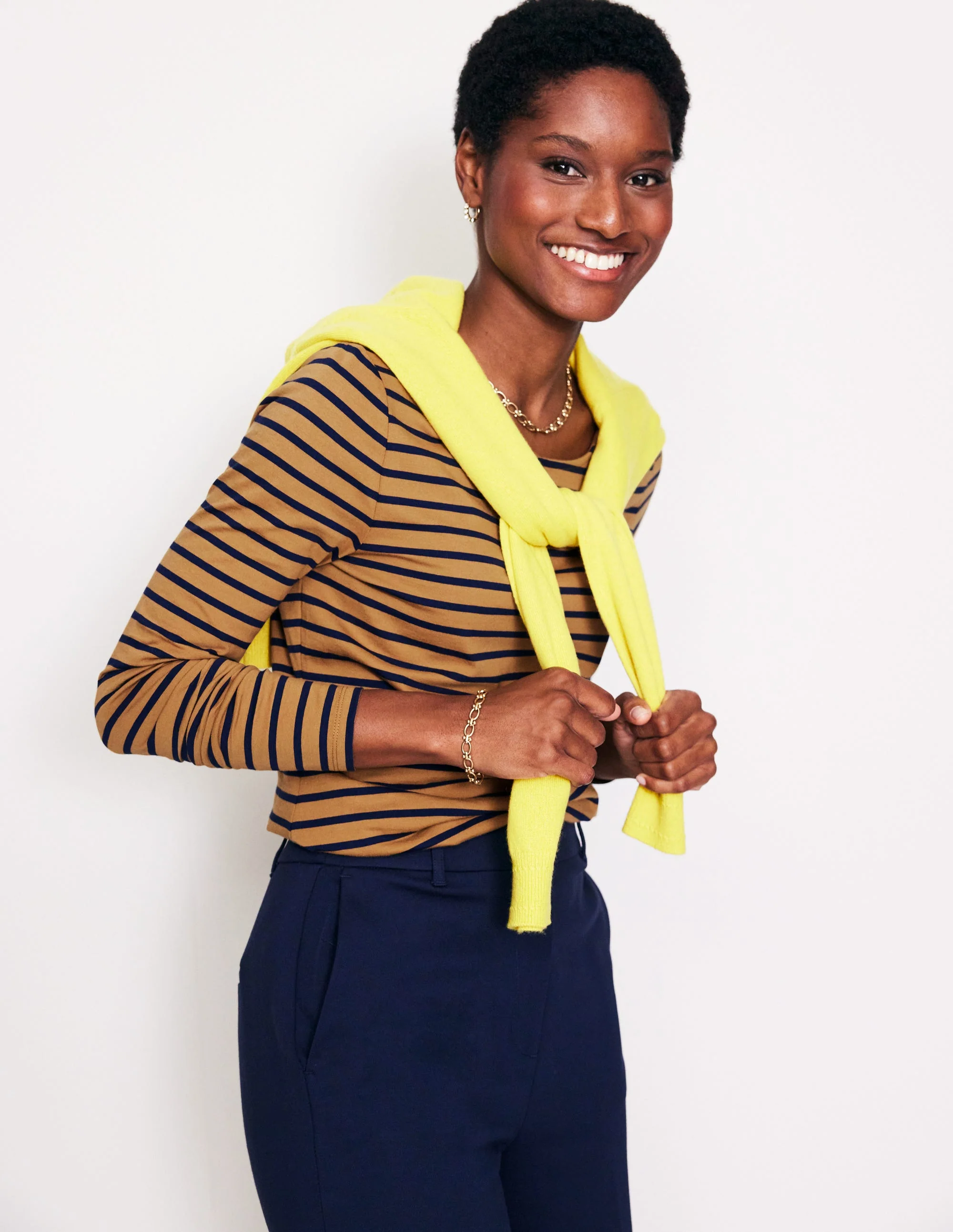 Ella Long Sleeve Breton-Camel, French Navy Stripe - Image 4