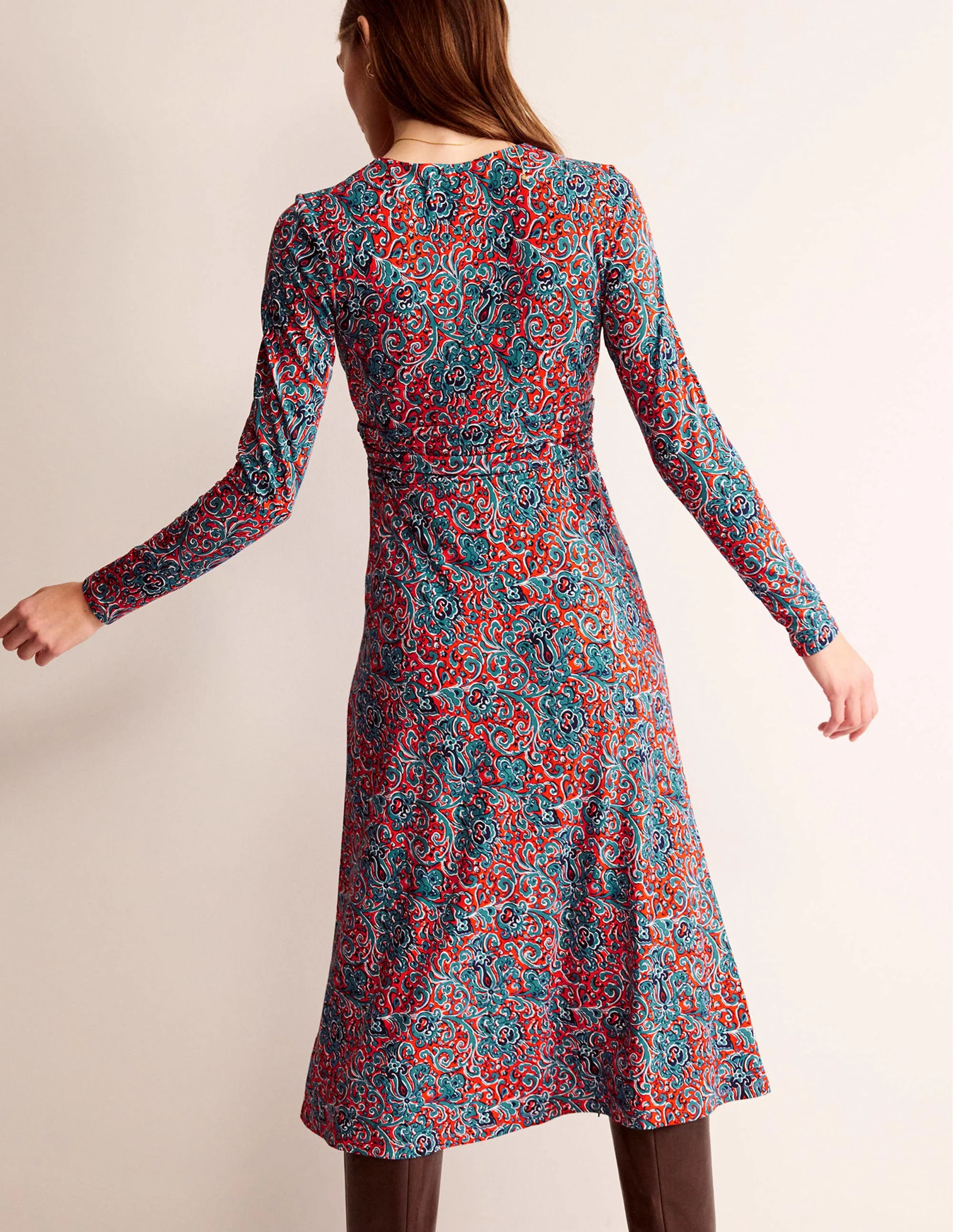 Elodie Empire Midi Dress-Fiesta Orange, Botanic Terrace - Image 3