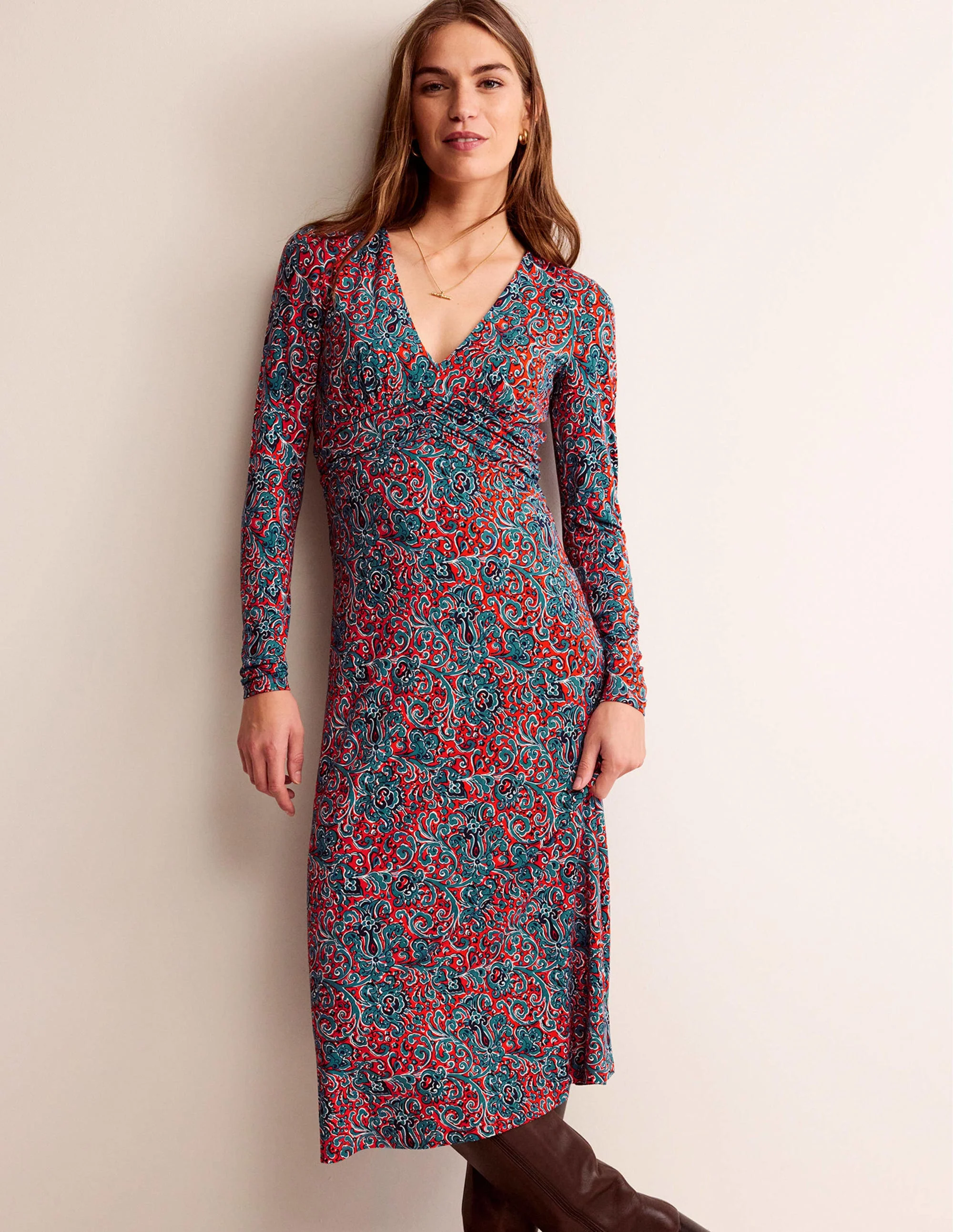 Elodie Empire Midi Dress-Fiesta Orange, Botanic Terrace - Image 4