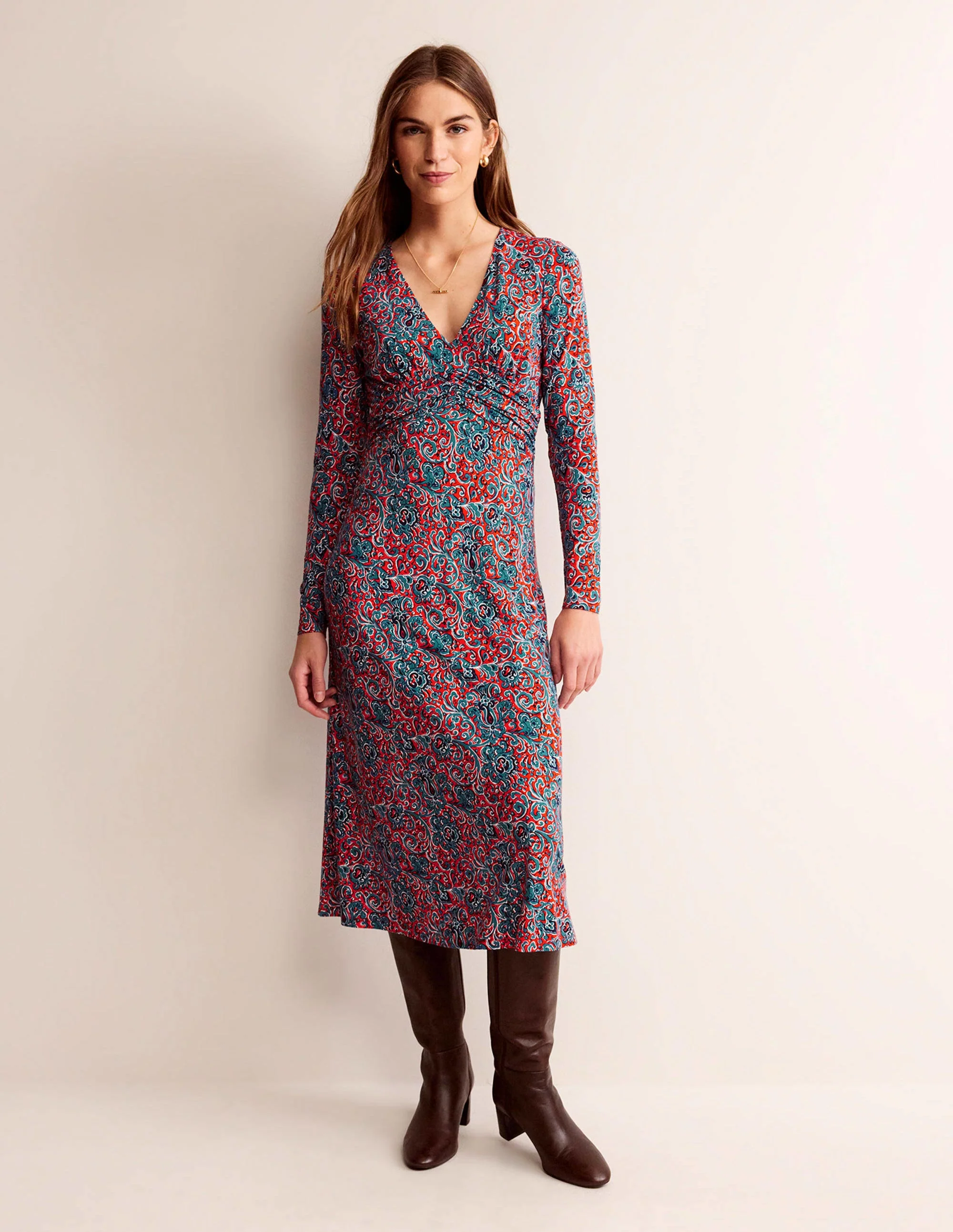 Elodie Empire Midi Dress-Fiesta Orange, Botanic Terrace - Image 5