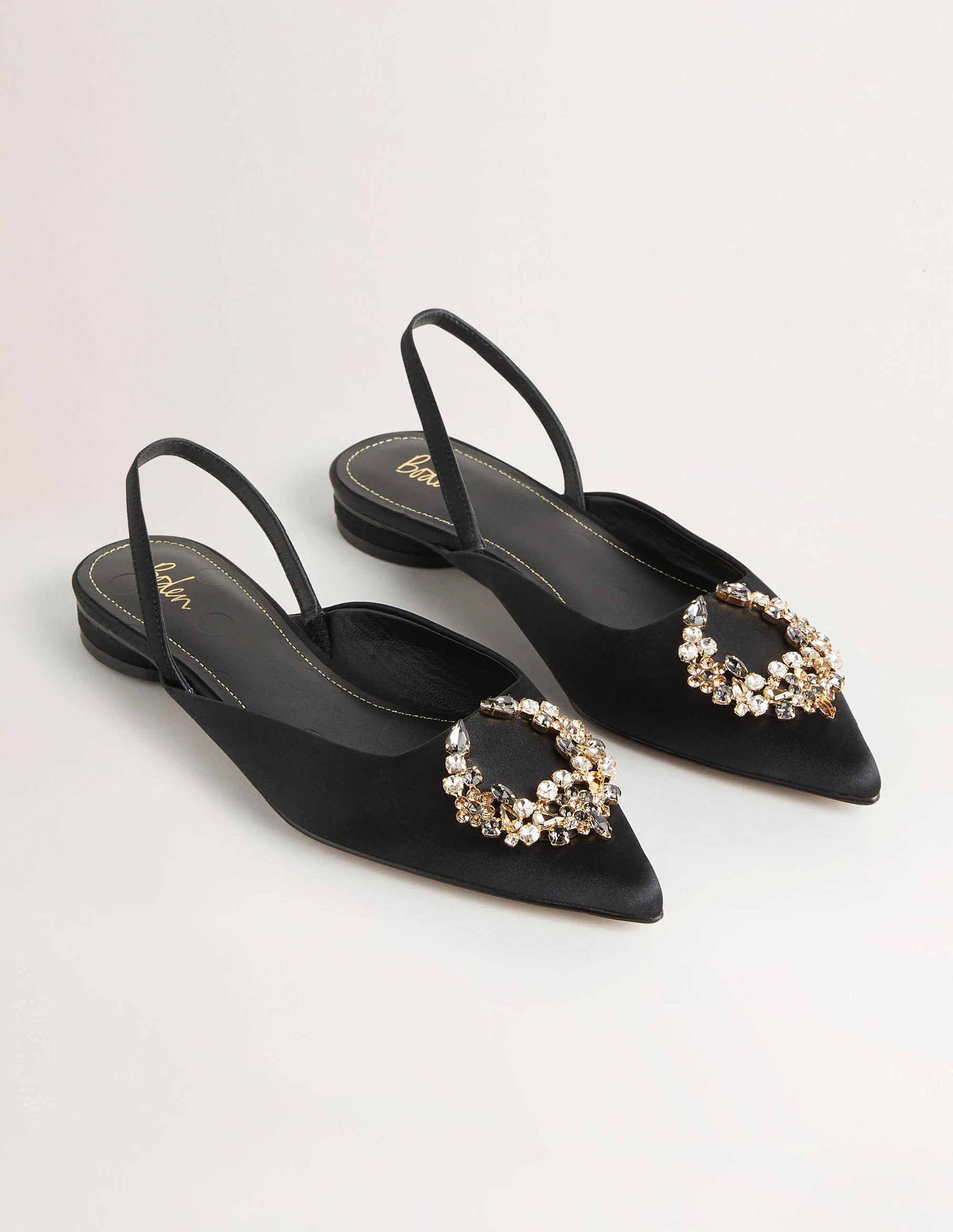 Embellished Satin Slingbacks-Black, Clear Jewels - Image 2