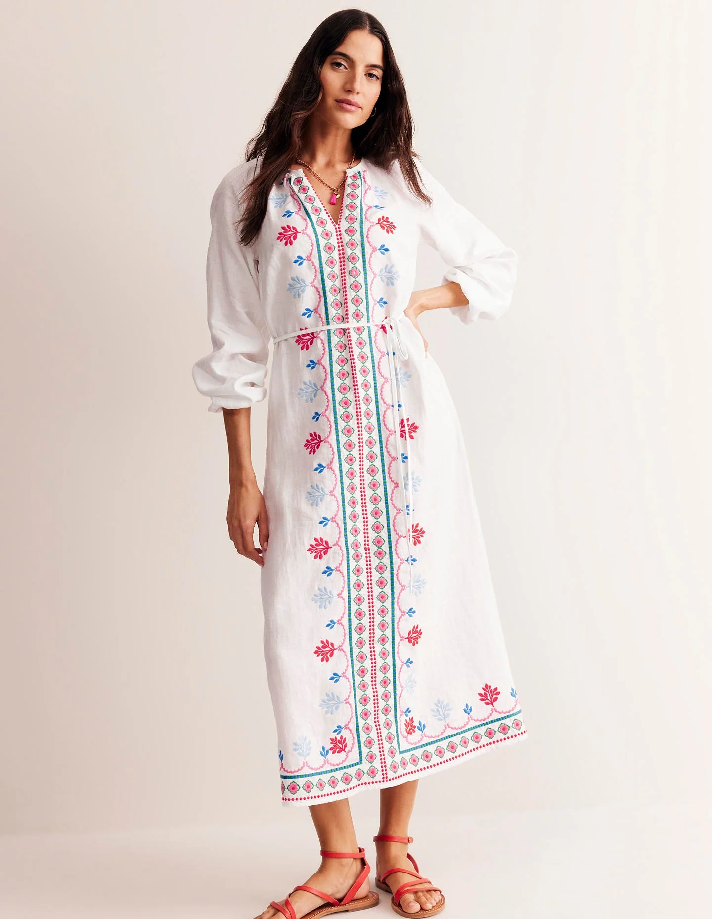 Embroidered Belted Linen Dress-White, Multi - Image 4