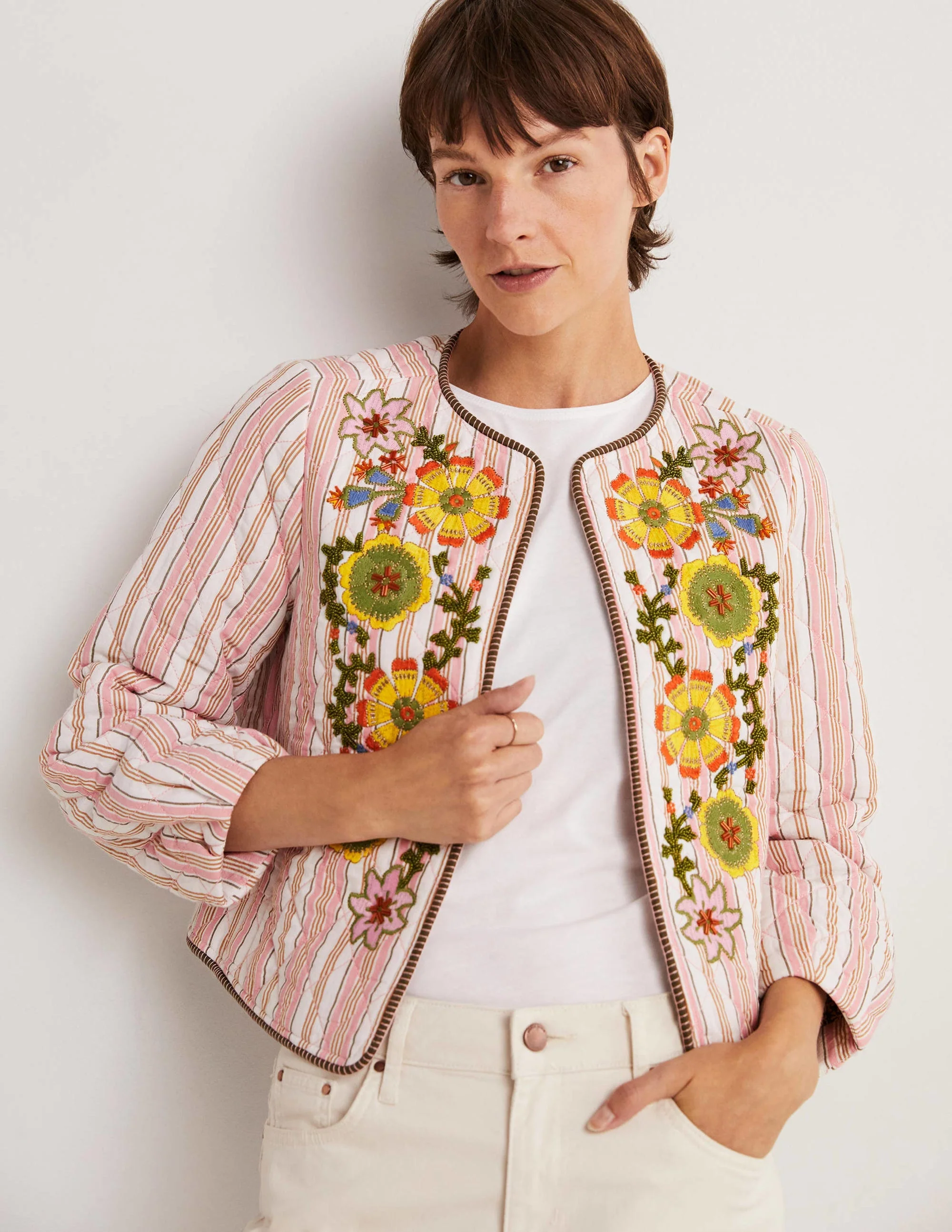 Embroidered Cropped Jacket-Almond/Alder Embroidered - Image 4