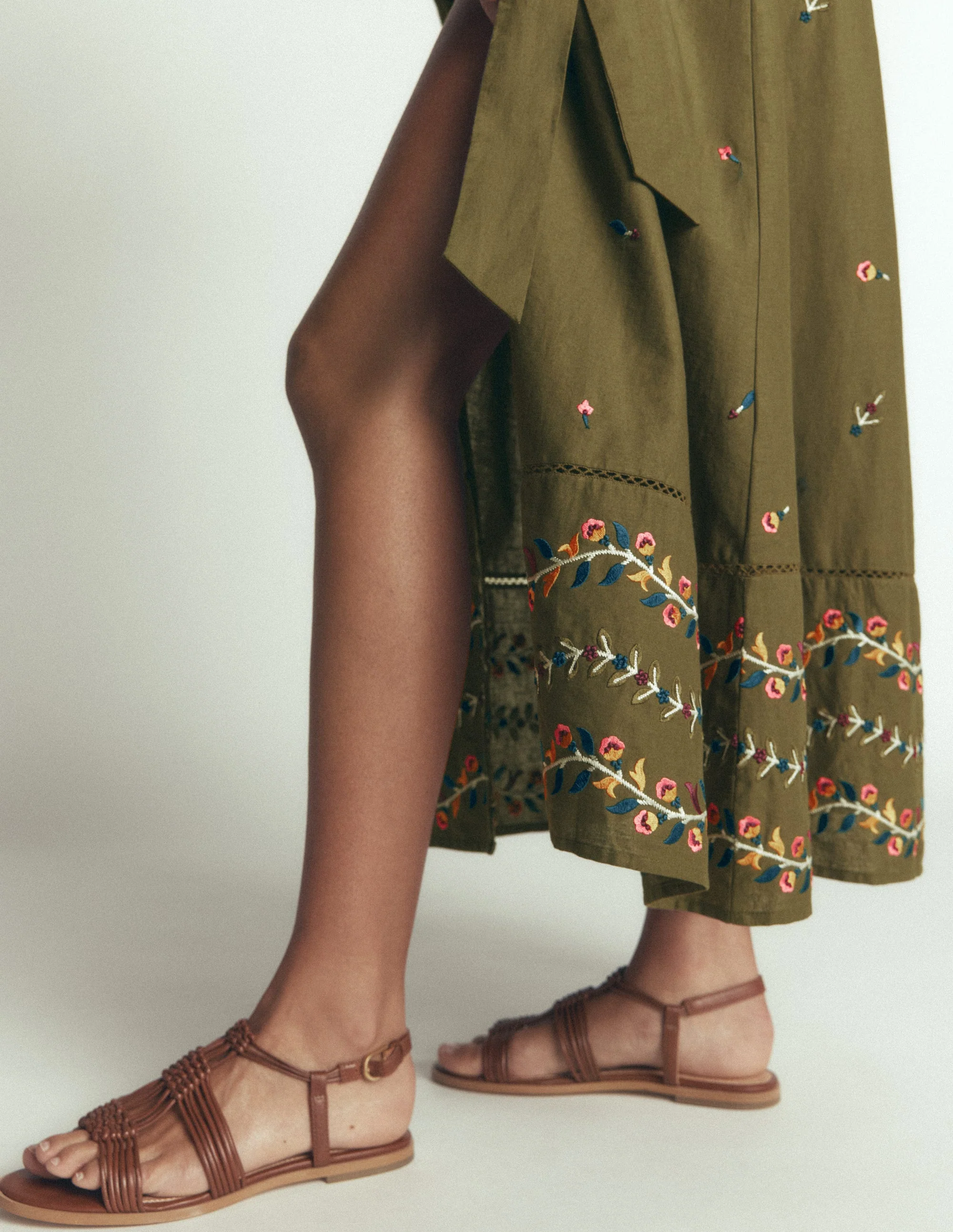 Embroidered Linen Dress-Woodland Green, Embroidery - Image 3