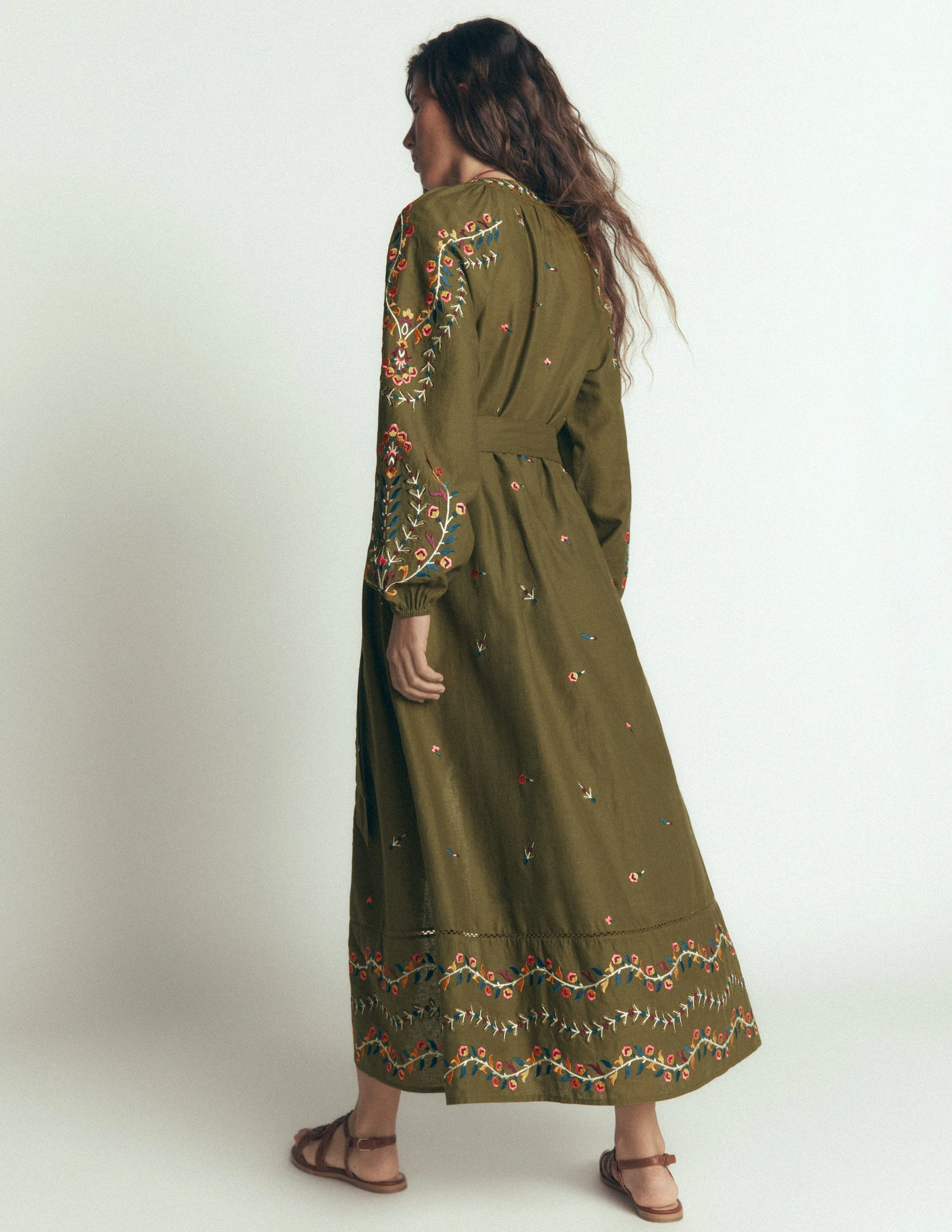 Embroidered Linen Dress-Woodland Green, Embroidery - Image 4