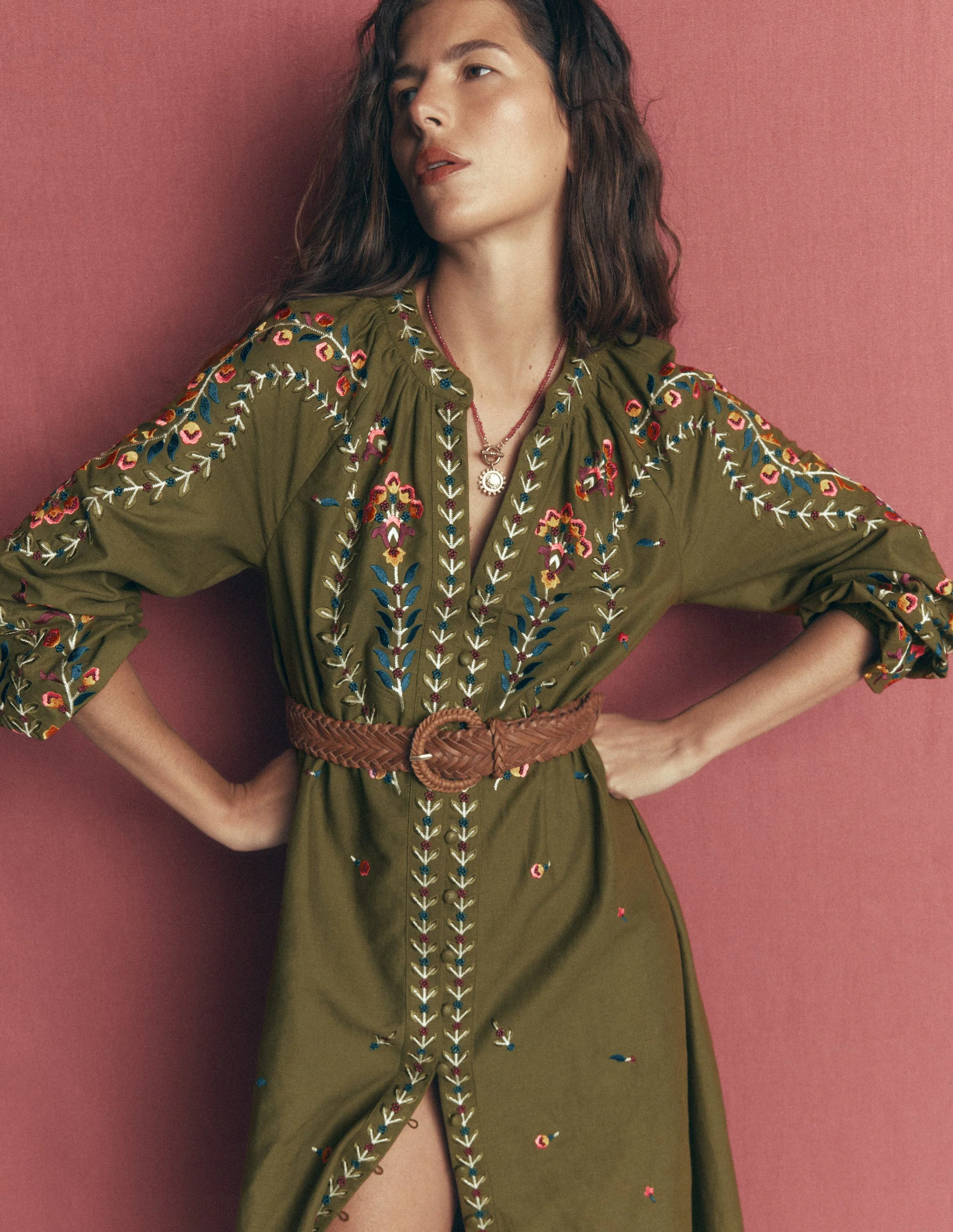 Embroidered Linen Dress-Woodland Green, Embroidery - Image 5