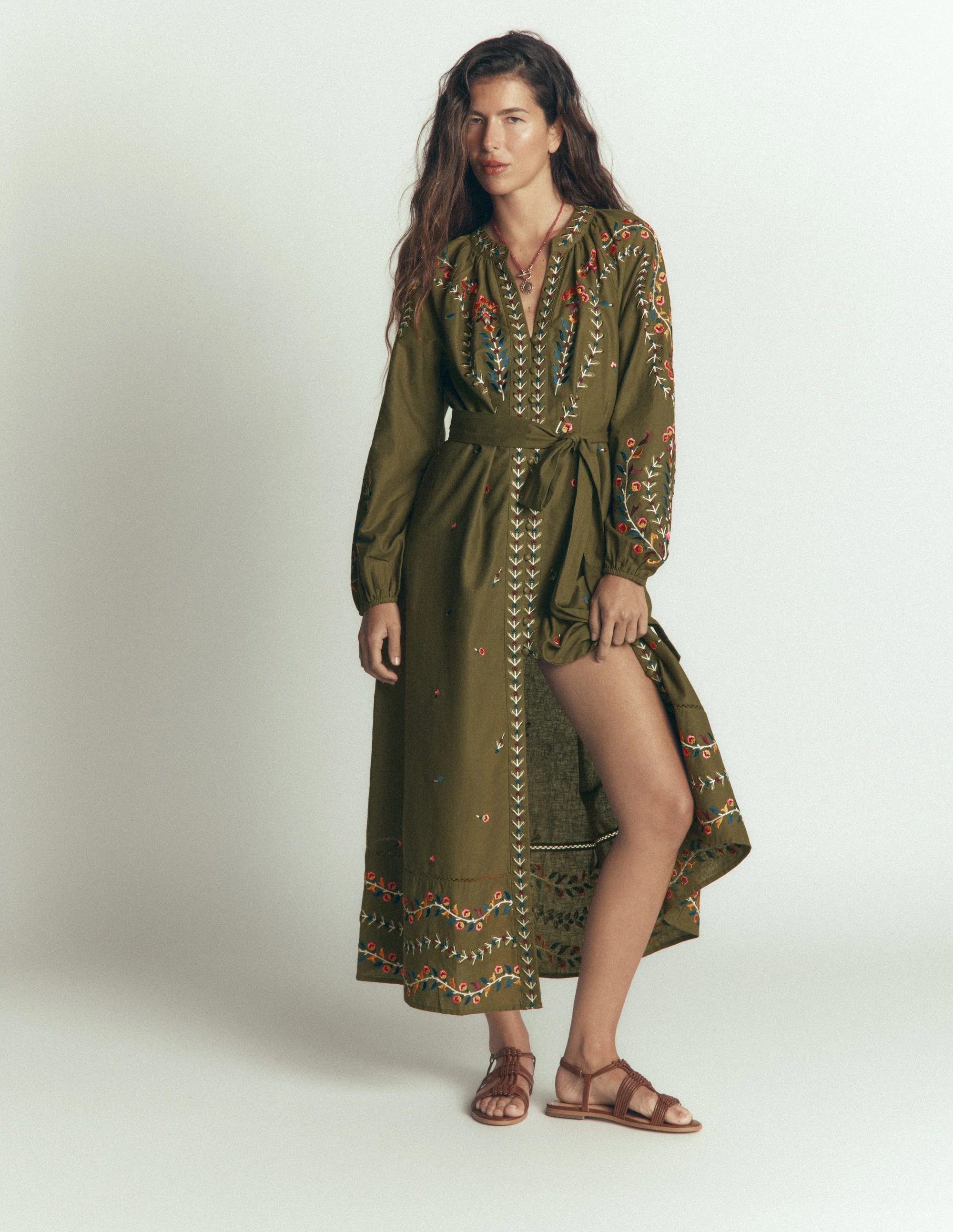 Embroidered Linen Dress-Woodland Green, Embroidery - Image 6