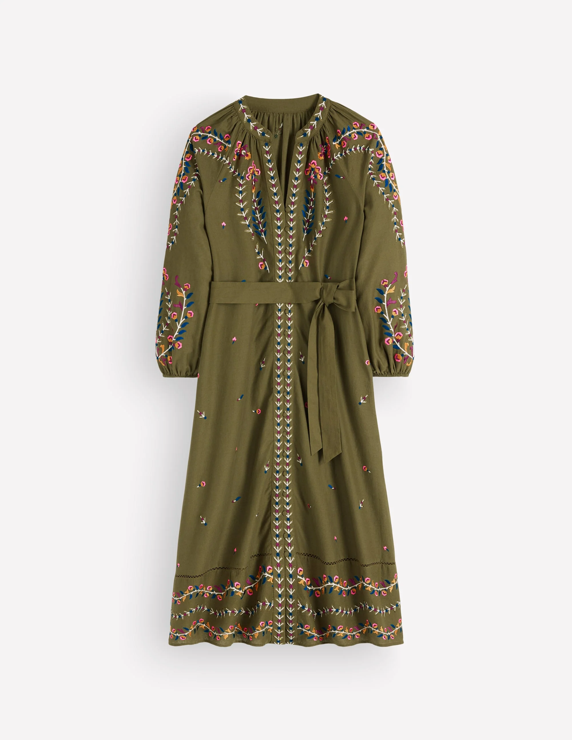 Embroidered Linen Dress-Woodland Green, Embroidery - Image 7